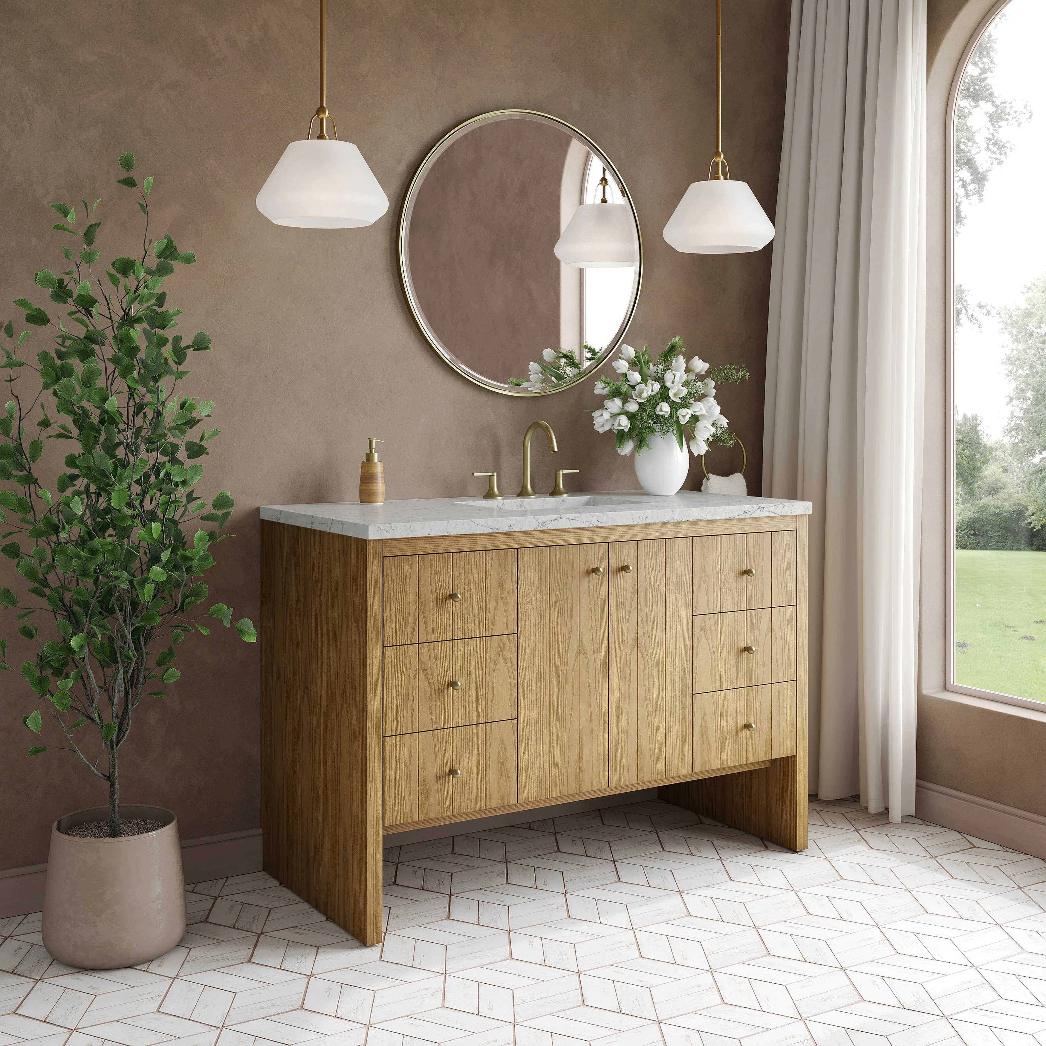 Hudson 48" Single Vanity, Light Natural Oak w/ 3 CM Eternal Jasmine Pearl Top w/ FreePower Wireless Charger
