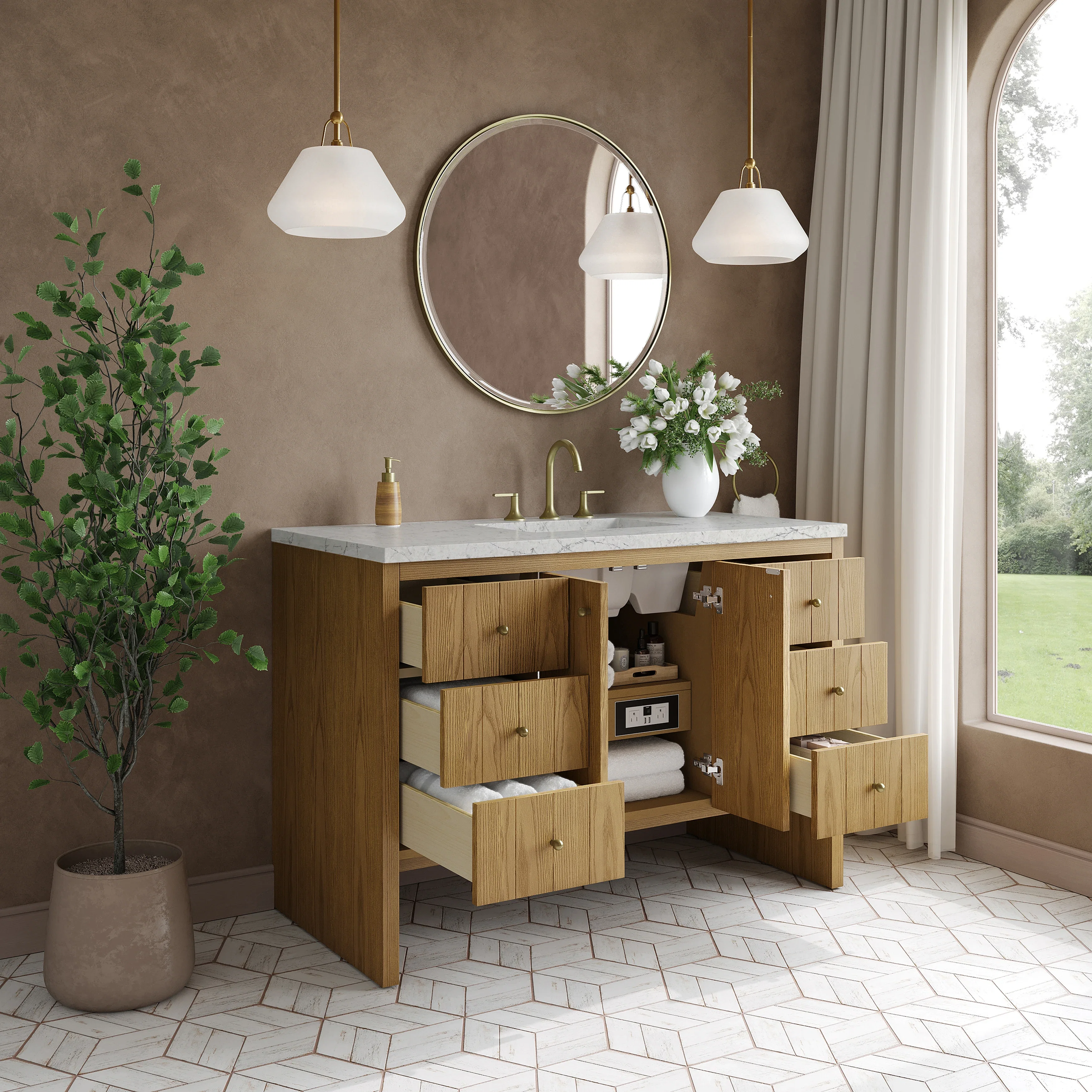 Hudson 48" Single Vanity, Light Natural Oak w/ 3 CM Eternal Jasmine Pearl Top w/ FreePower Wireless Charger