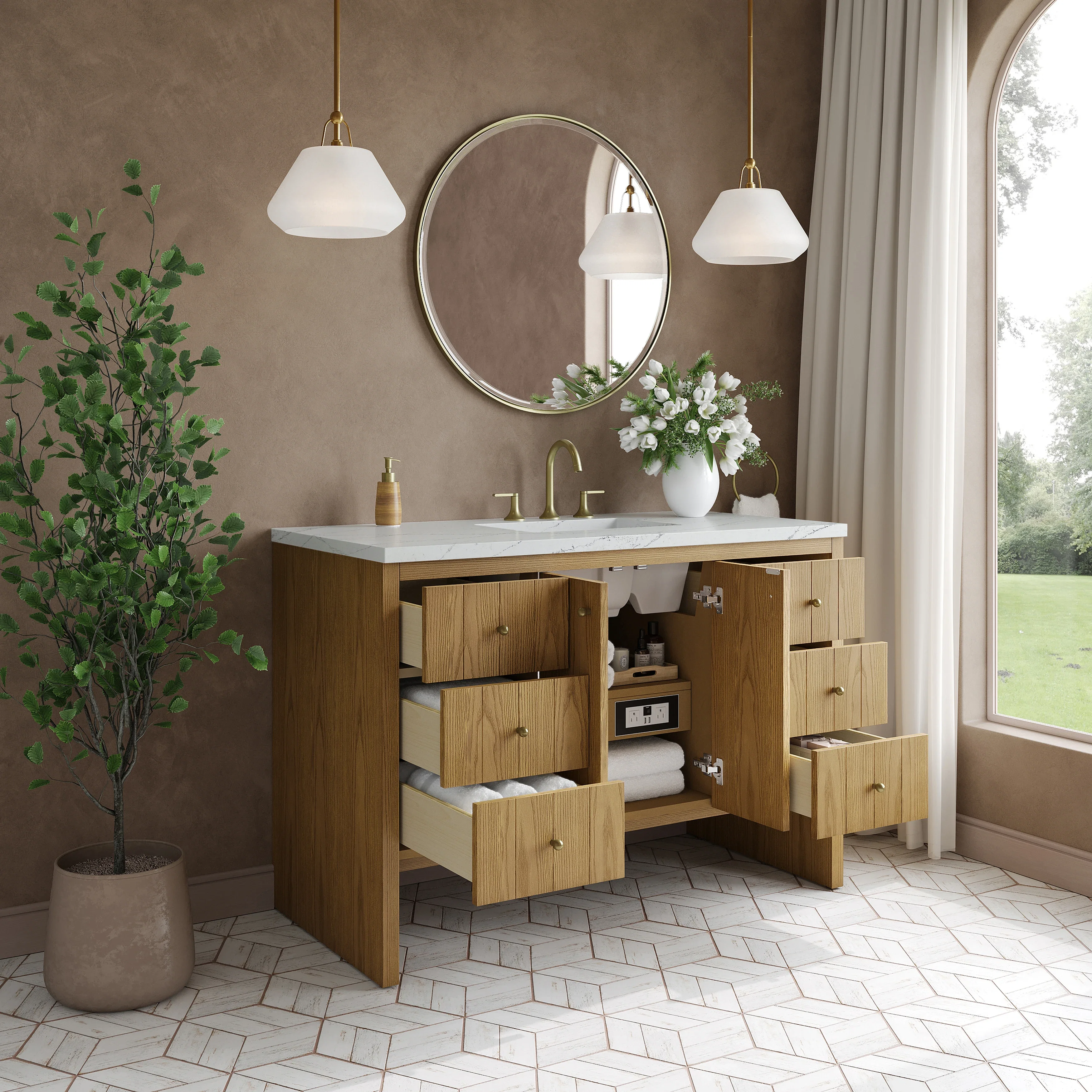 Hudson 48" Single Vanity, Light Natural Oak w/ 3 CM Ethereal Noctis Top w/ FreePower Wireless Charger