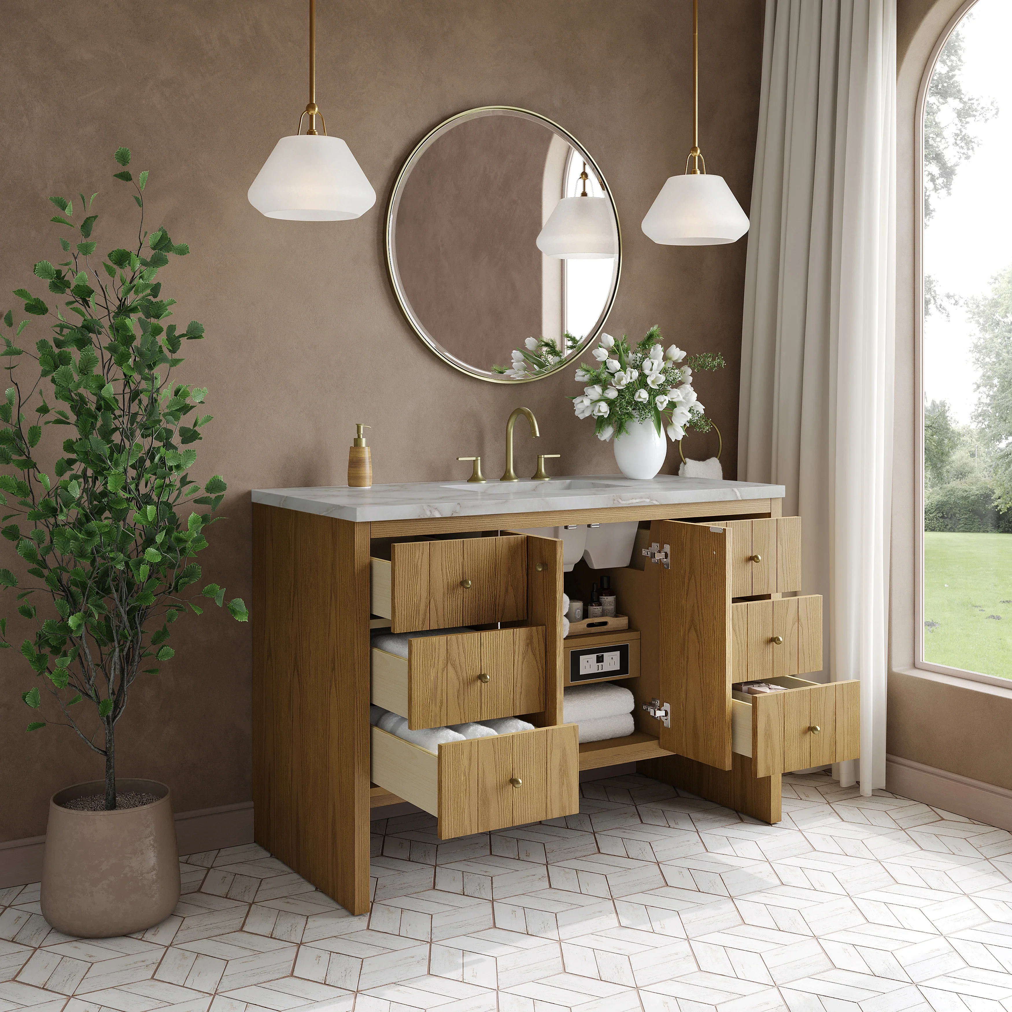 Hudson 48" Single Vanity, Light Natural Oak w/ 3 CM Victorian Silver Top w/ FreePower Wireless Charger