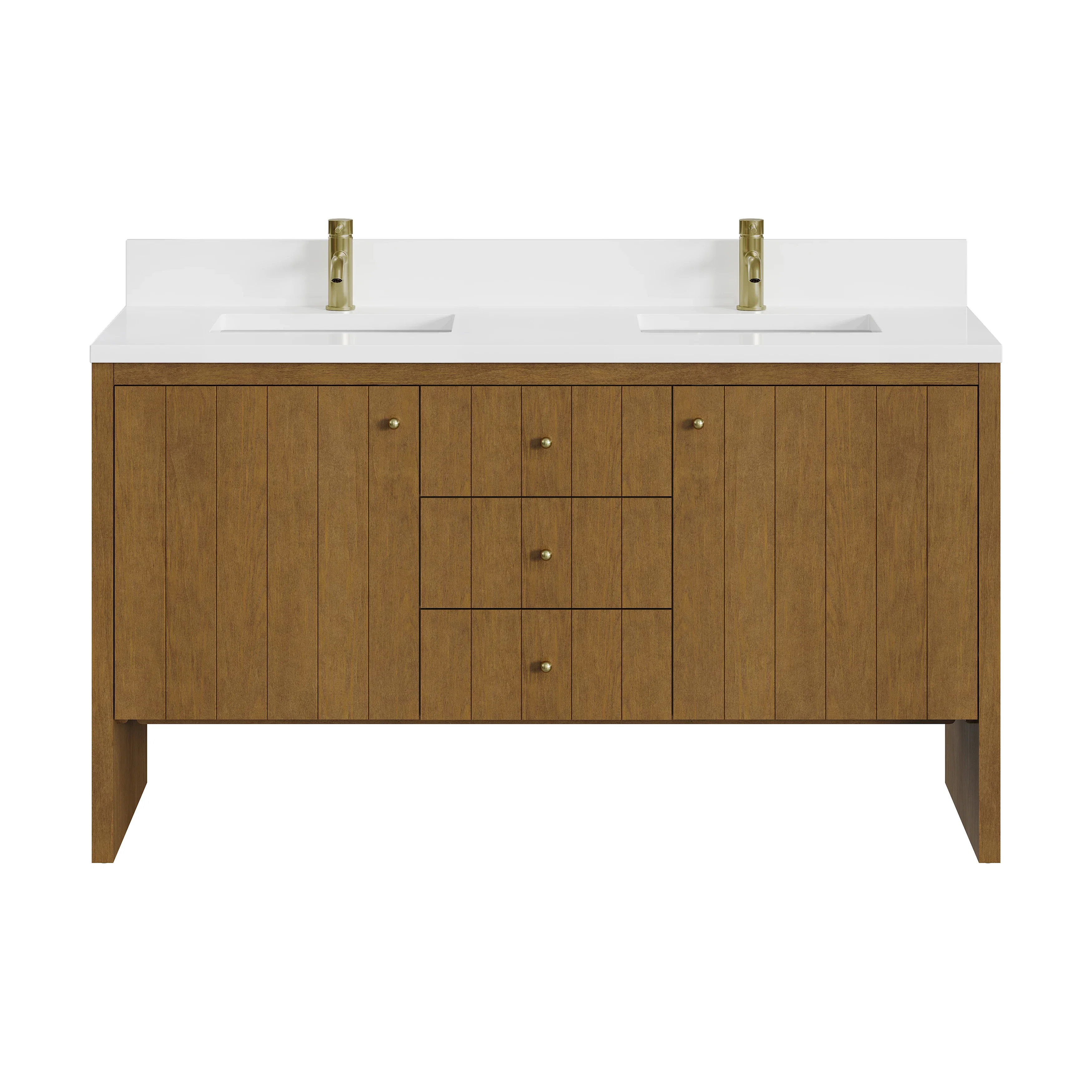 Hudson 60" Double Vanity, Honey Oak w/ Single Hole 3 CM White Zeus Silestone Top and Matching Backsplash