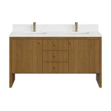 Hudson 60" Double Vanity, Honey Oak w/ Single Hole 3 CM White Zeus Silestone Top and Matching Backsplash