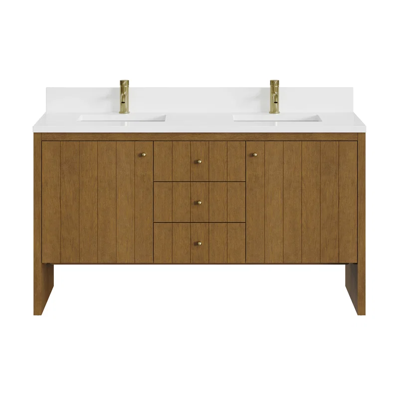 Hudson 60" Double Vanity, Honey Oak w/ Single Hole 3 CM White Zeus Silestone Top and Matching Backsplash