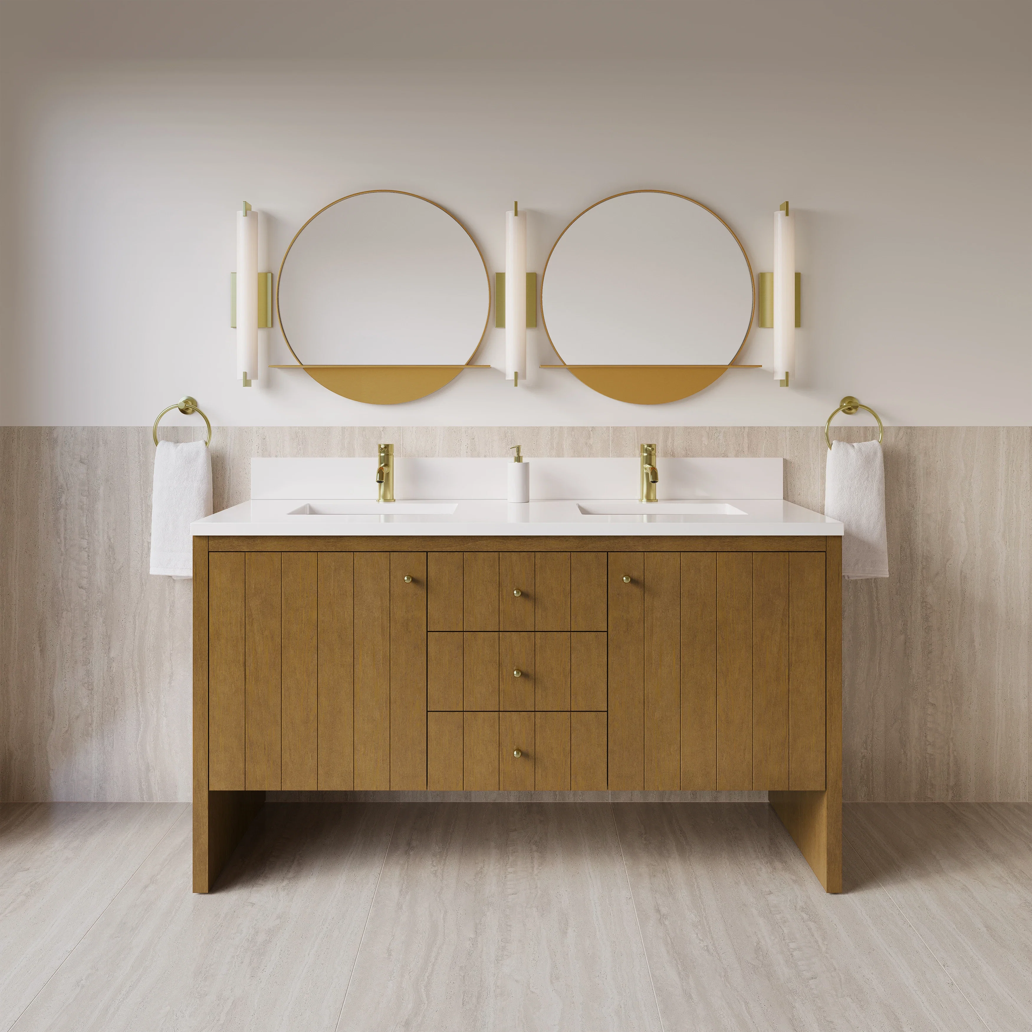 Hudson 60" Double Vanity, Honey Oak w/ Single Hole 3 CM White Zeus Silestone Top and Matching Backsplash