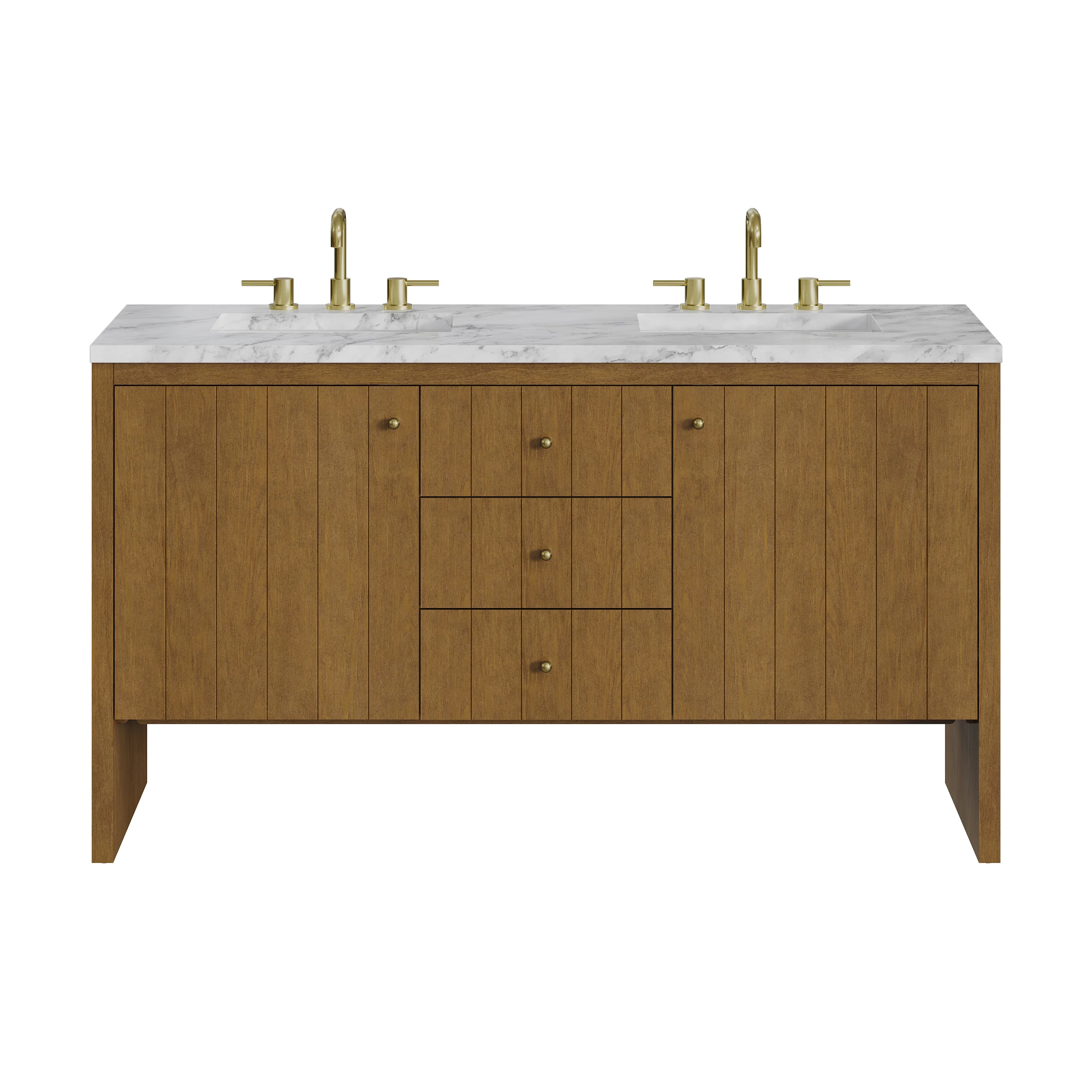 Hudson 60" Double Vanity, Honey Oak w/ 3 CM Carrara Marble Top