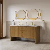 Hudson 60" Double Vanity, Honey Oak w/ 3 CM Carrara Marble Top