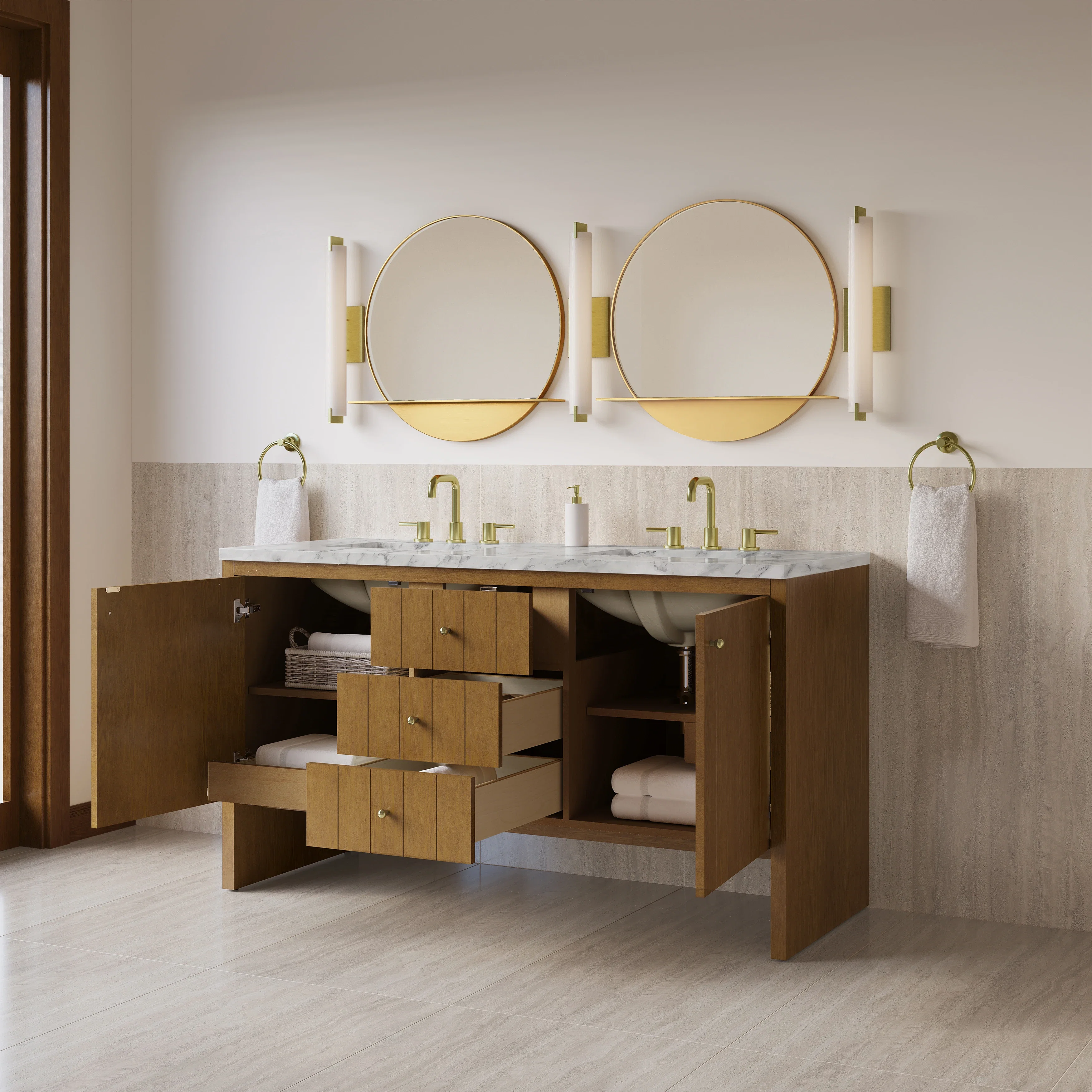 Hudson 60" Double Vanity, Honey Oak w/ 3 CM Carrara Marble Top