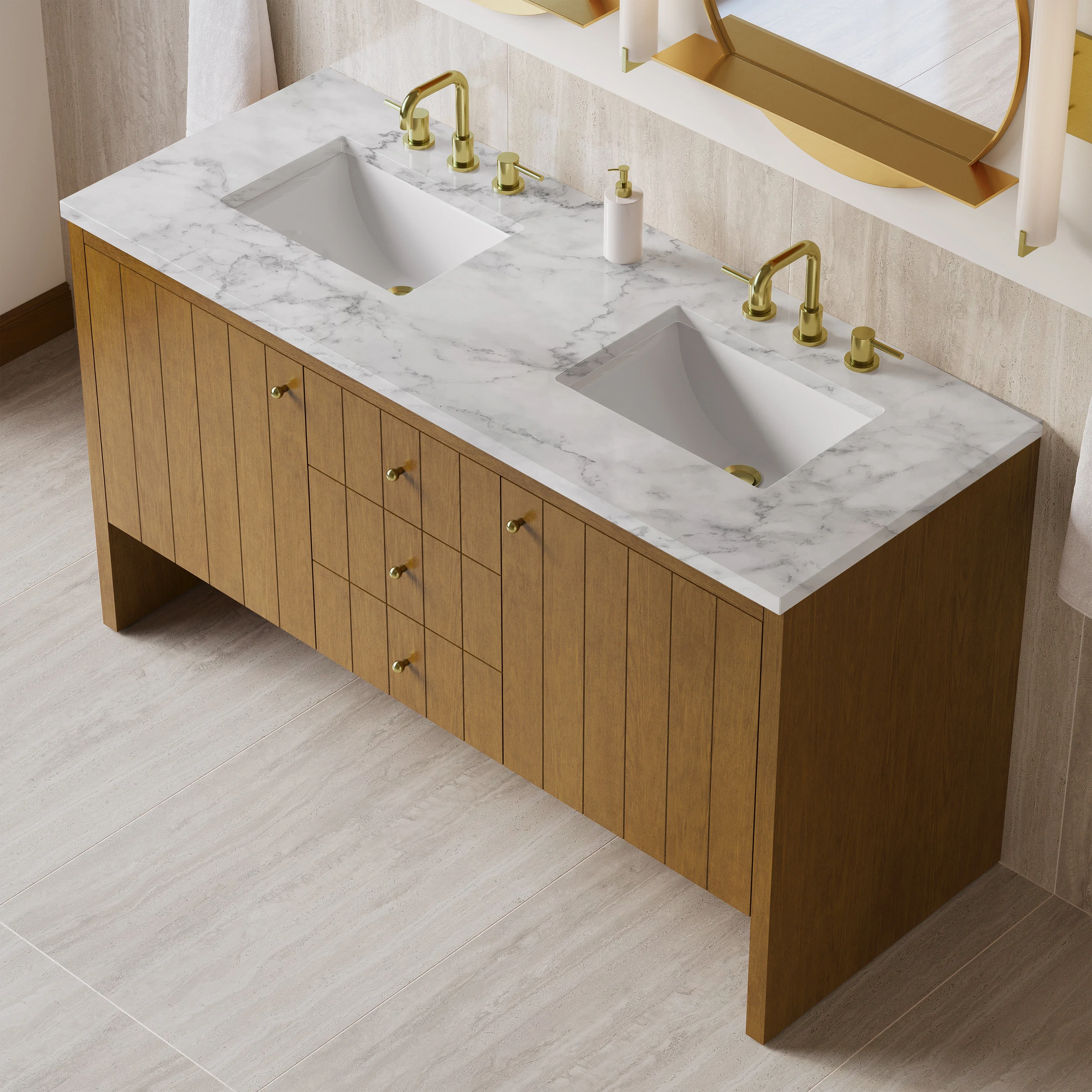 Hudson 60" Double Vanity, Honey Oak w/ 3 CM Carrara Marble Top