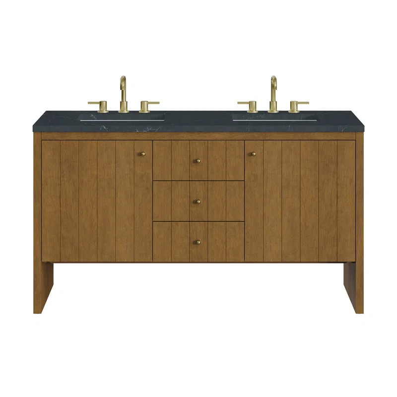 Hudson 60" Double Vanity, Honey Oak w/ 3 CM Charcoal Soapstone Silestone Top