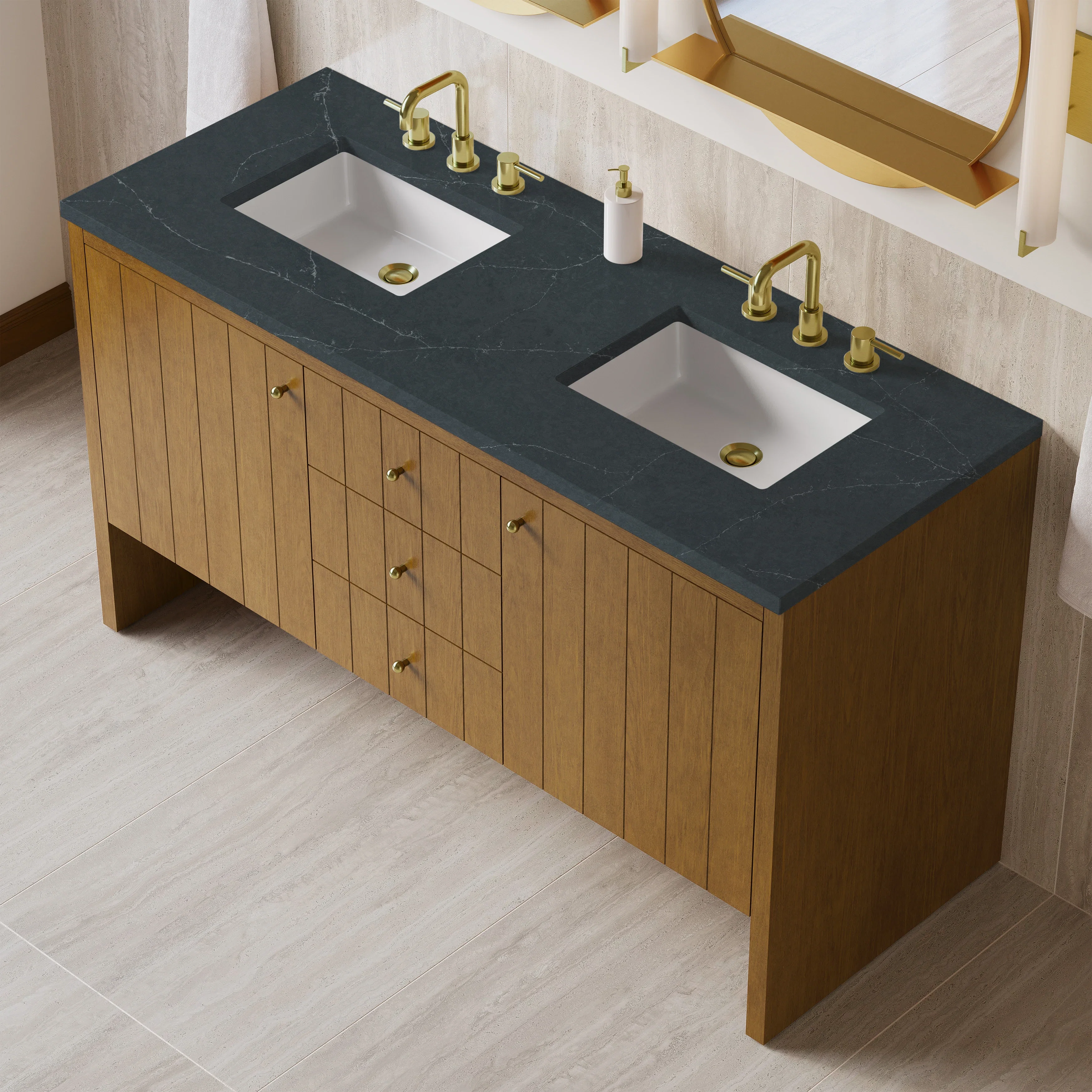 Hudson 60" Double Vanity, Honey Oak w/ 3 CM Charcoal Soapstone Silestone Top
