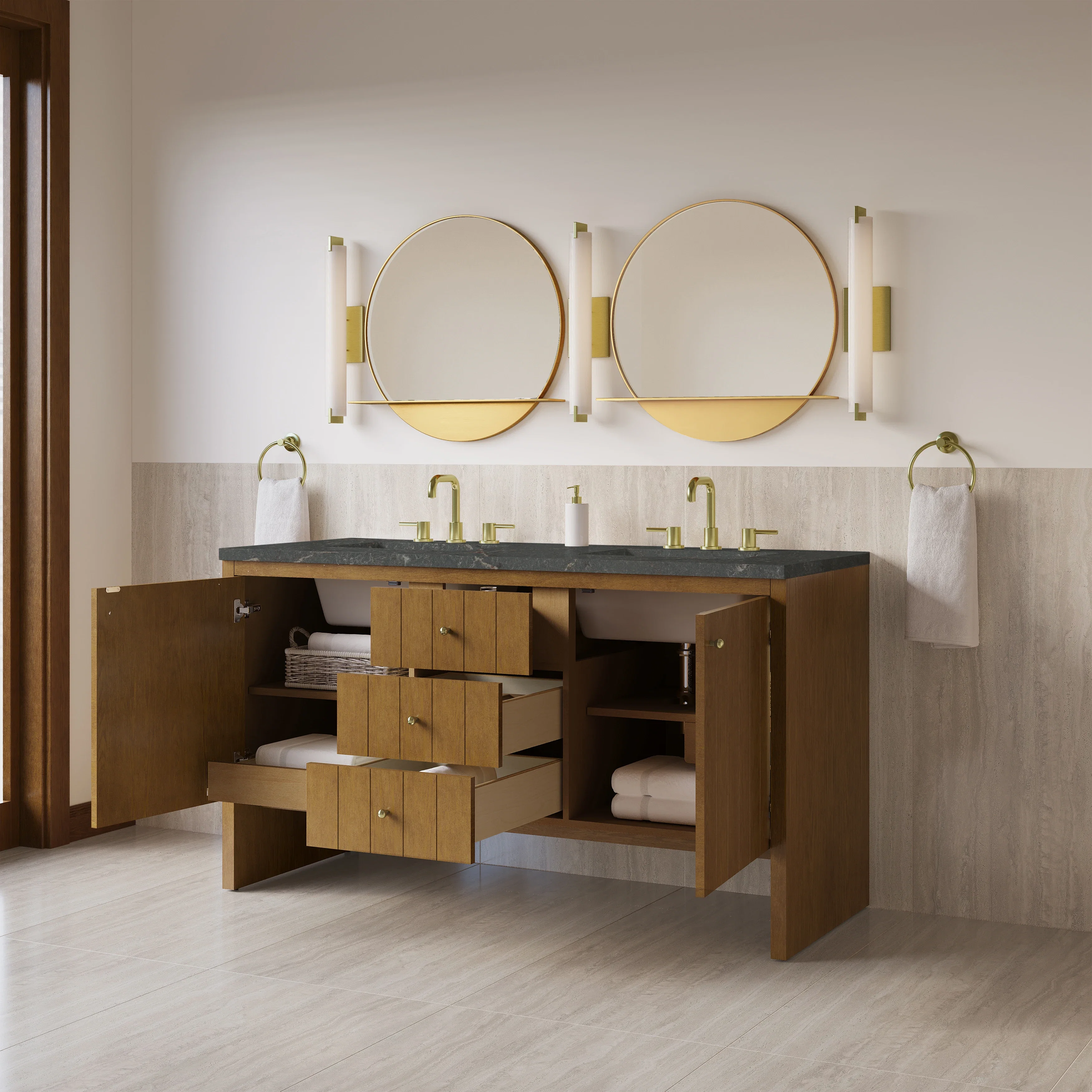 Hudson 60" Double Vanity, Honey Oak w/ 3 CM Parisien Bleu Silestone Top