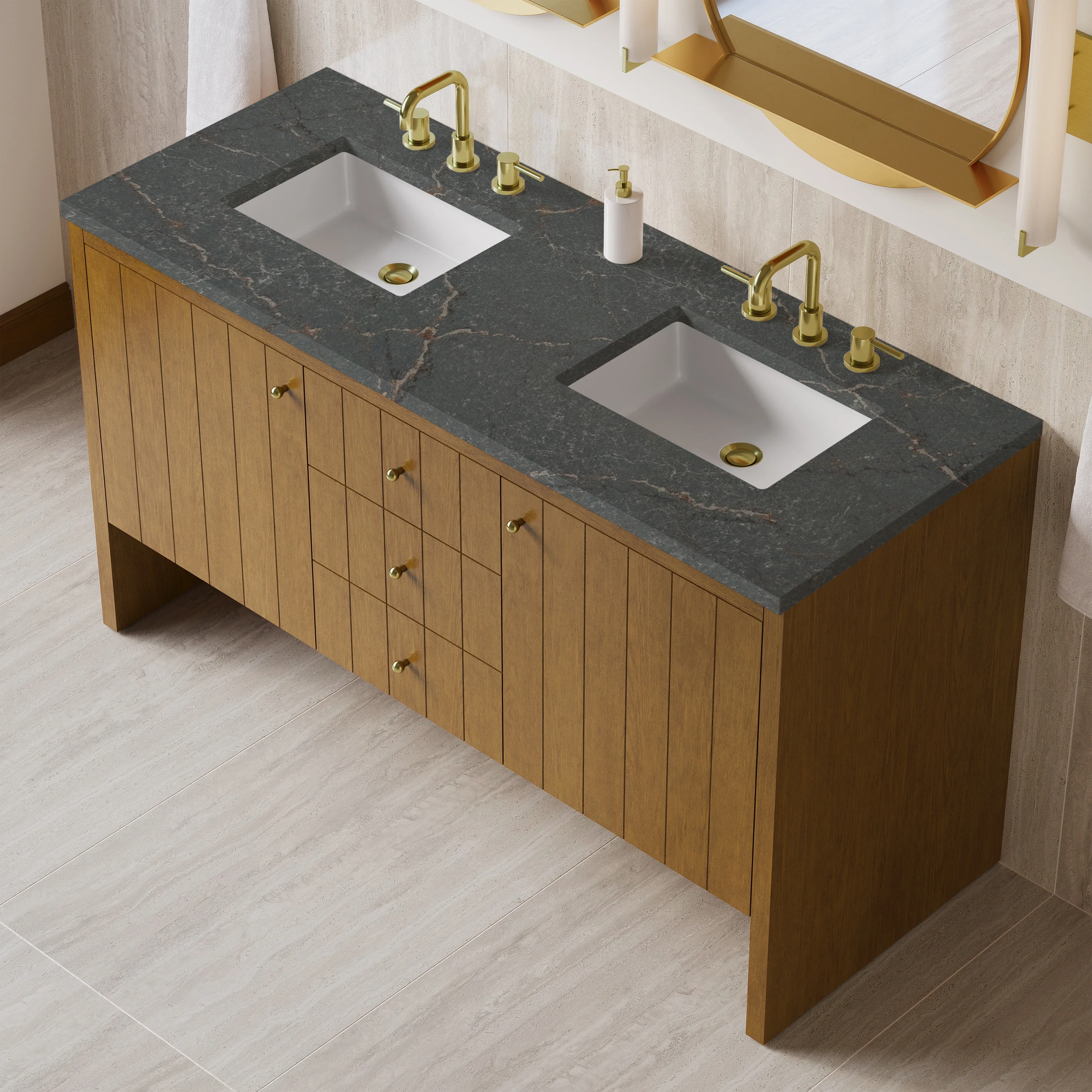 Hudson 60" Double Vanity, Honey Oak w/ 3 CM Parisien Bleu Silestone Top