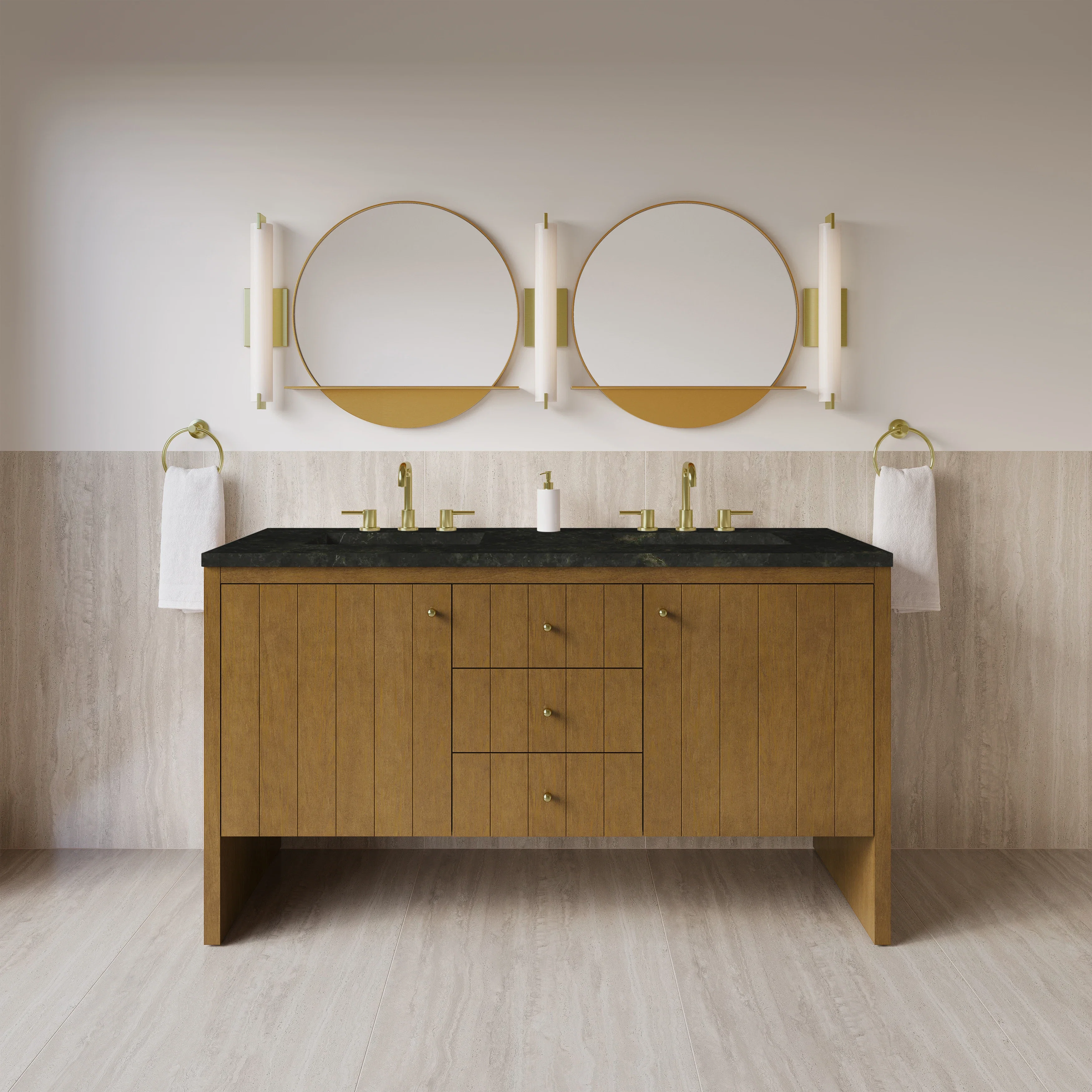Hudson 60" Double Vanity, Honey Oak w/ 3 CM Phantome Eclos Top