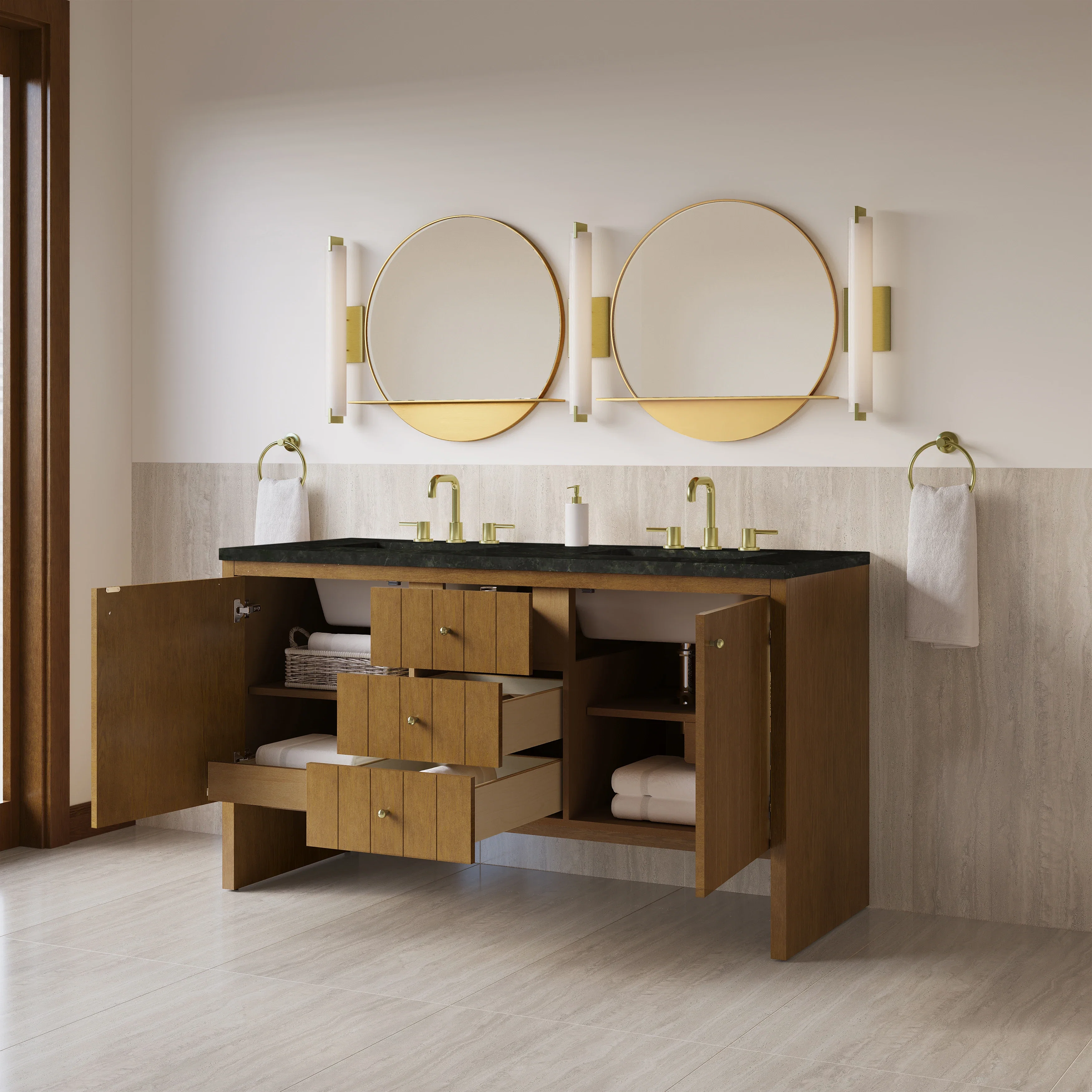 Hudson 60" Double Vanity, Honey Oak w/ 3 CM Phantome Eclos Top