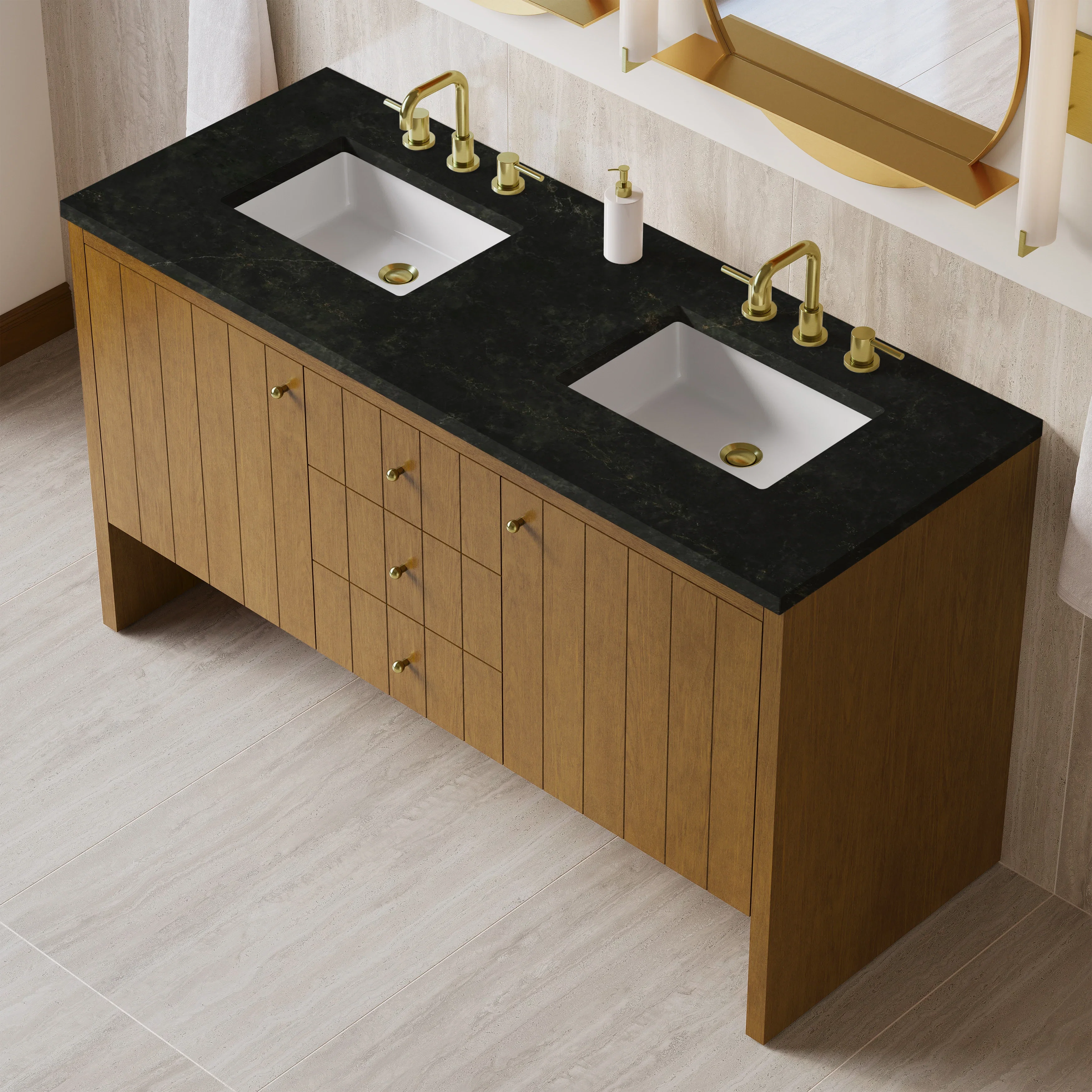 Hudson 60" Double Vanity, Honey Oak w/ 3 CM Phantome Eclos Top