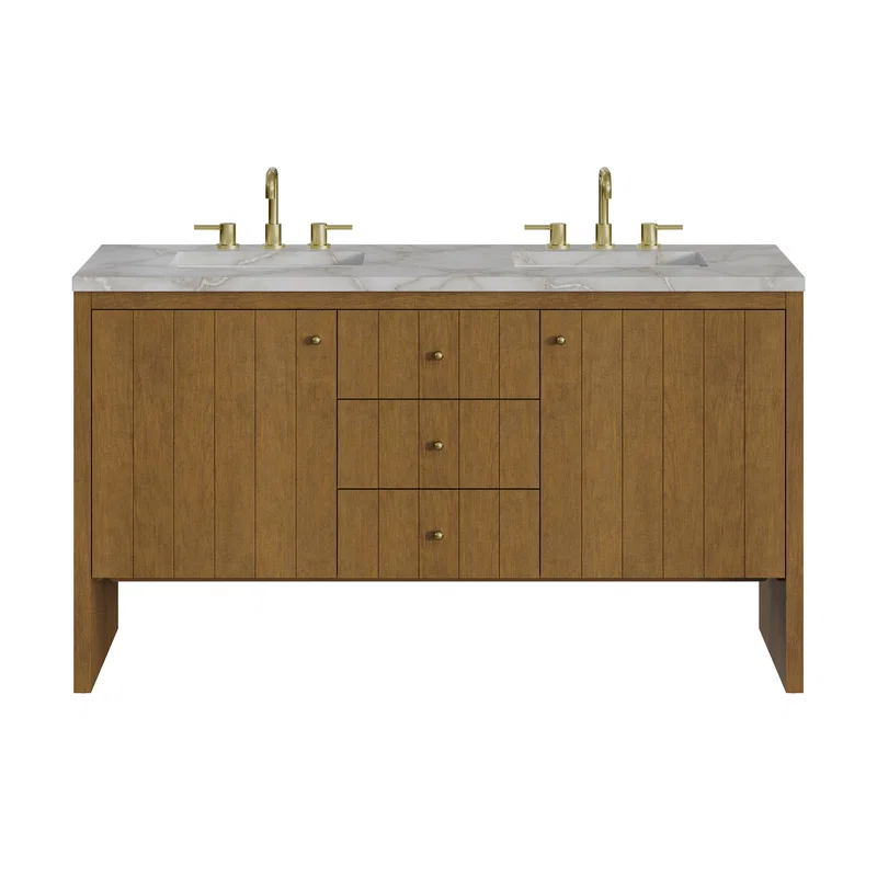 Hudson 60" Double Vanity, Honey Oak w/ 3 CM Victorian Silver Silestone Top