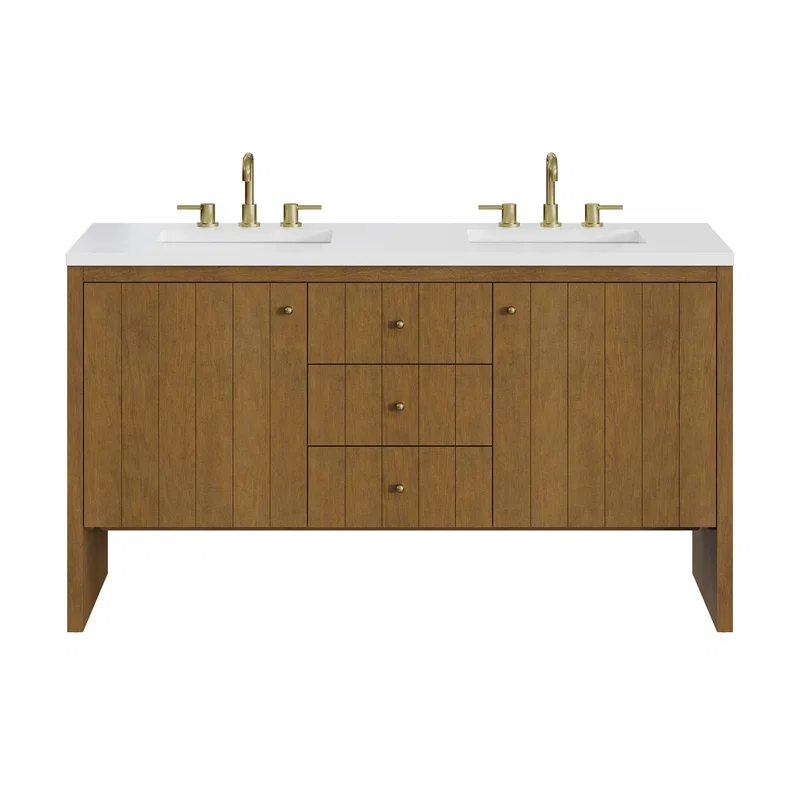 Hudson 60" Double Vanity, Honey Oak w/ 3 CM White Zeus Silestone Top