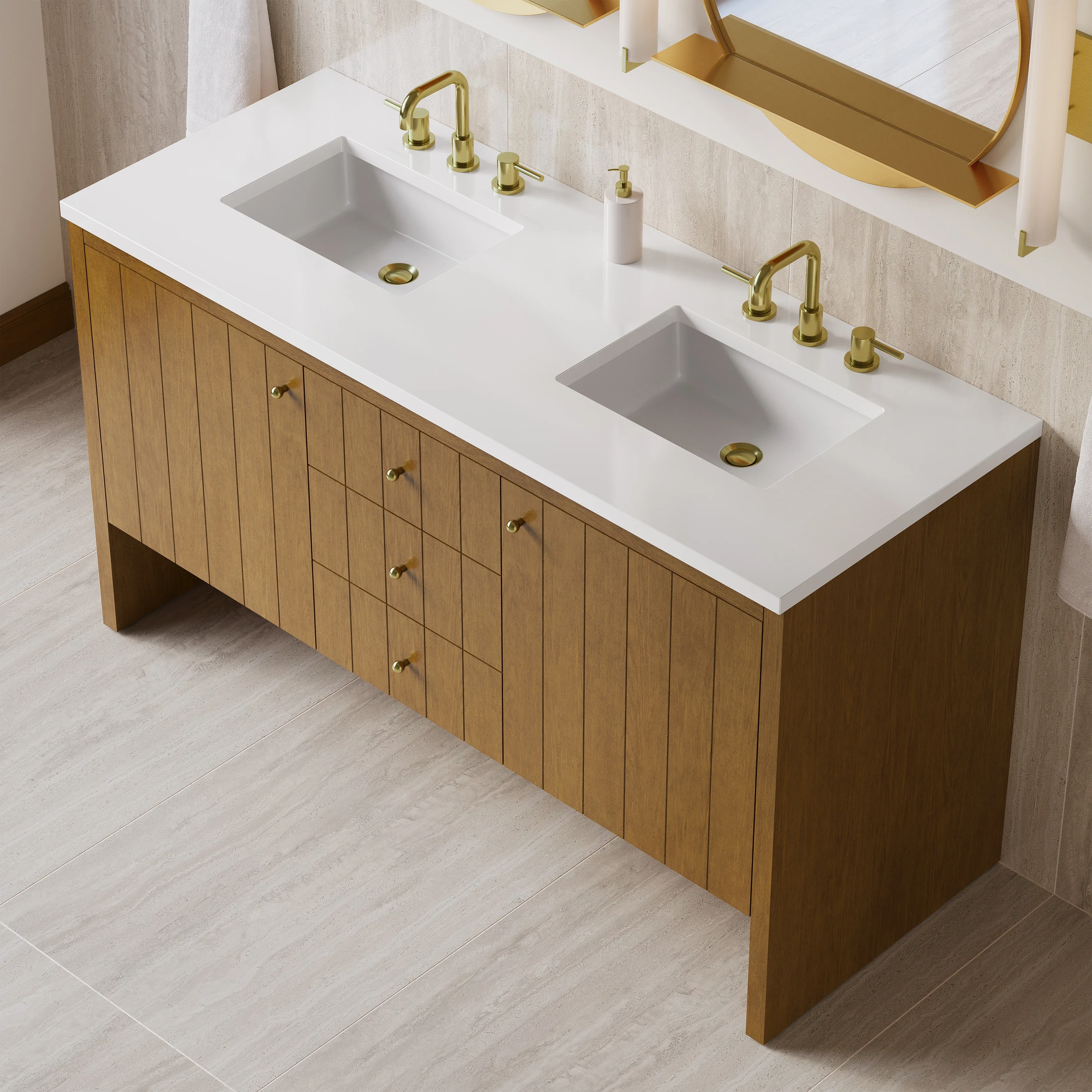 Hudson 60" Double Vanity, Honey Oak w/ 3 CM White Zeus Silestone Top