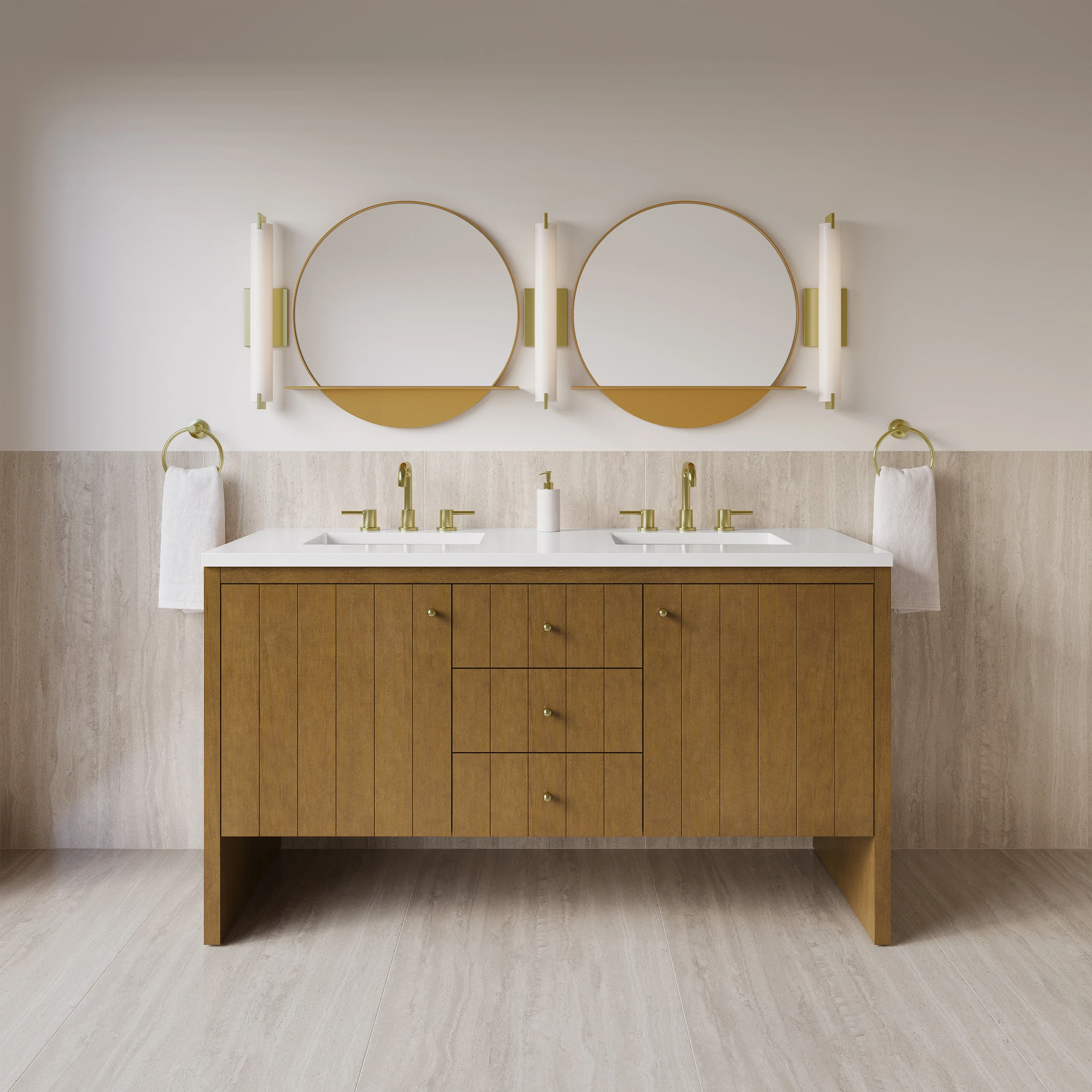 Hudson 60" Double Vanity, Honey Oak w/ 3 CM White Zeus Silestone Top