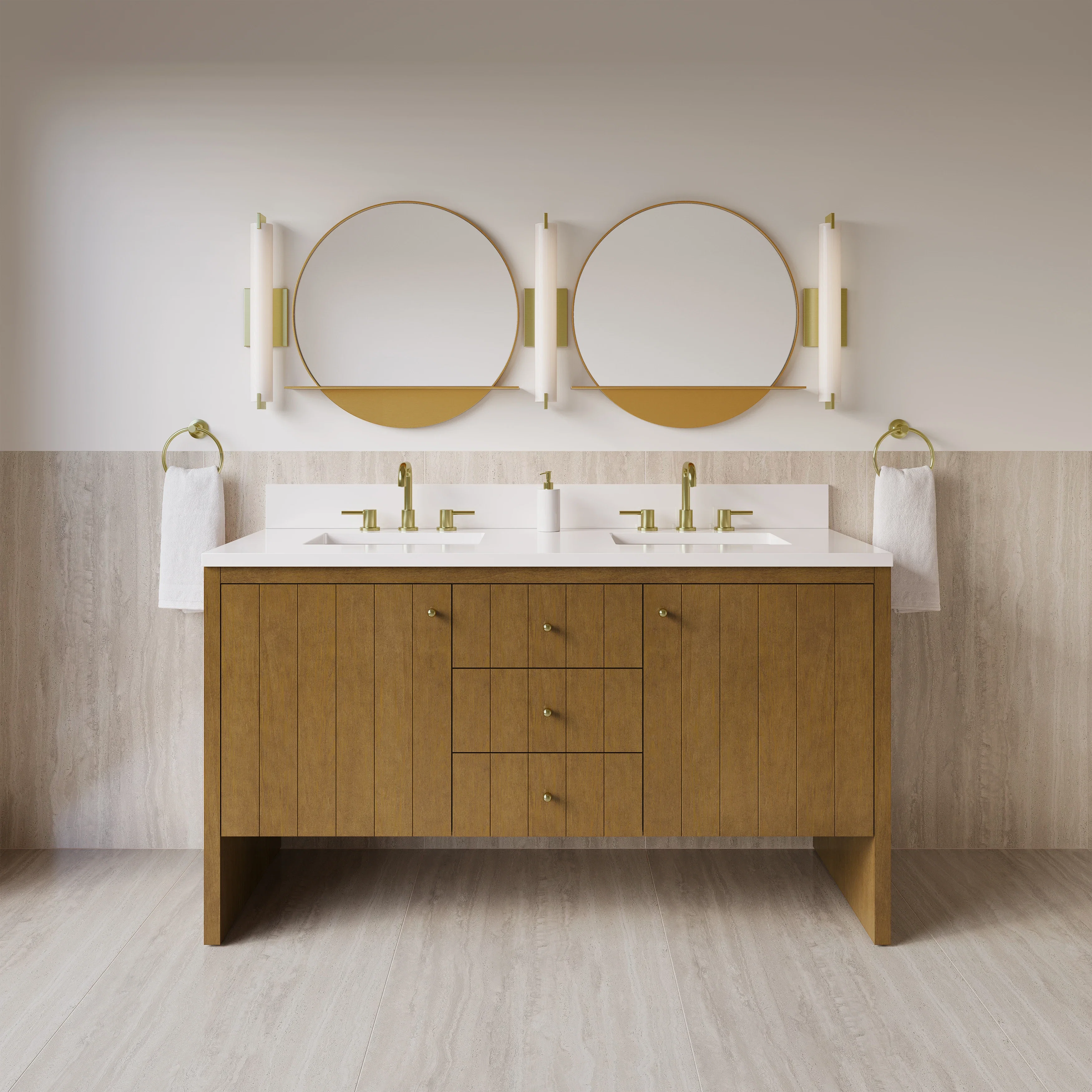 Hudson 60" Double Vanity, Honey Oak w/ 3 CM White Zeus Silestone Top