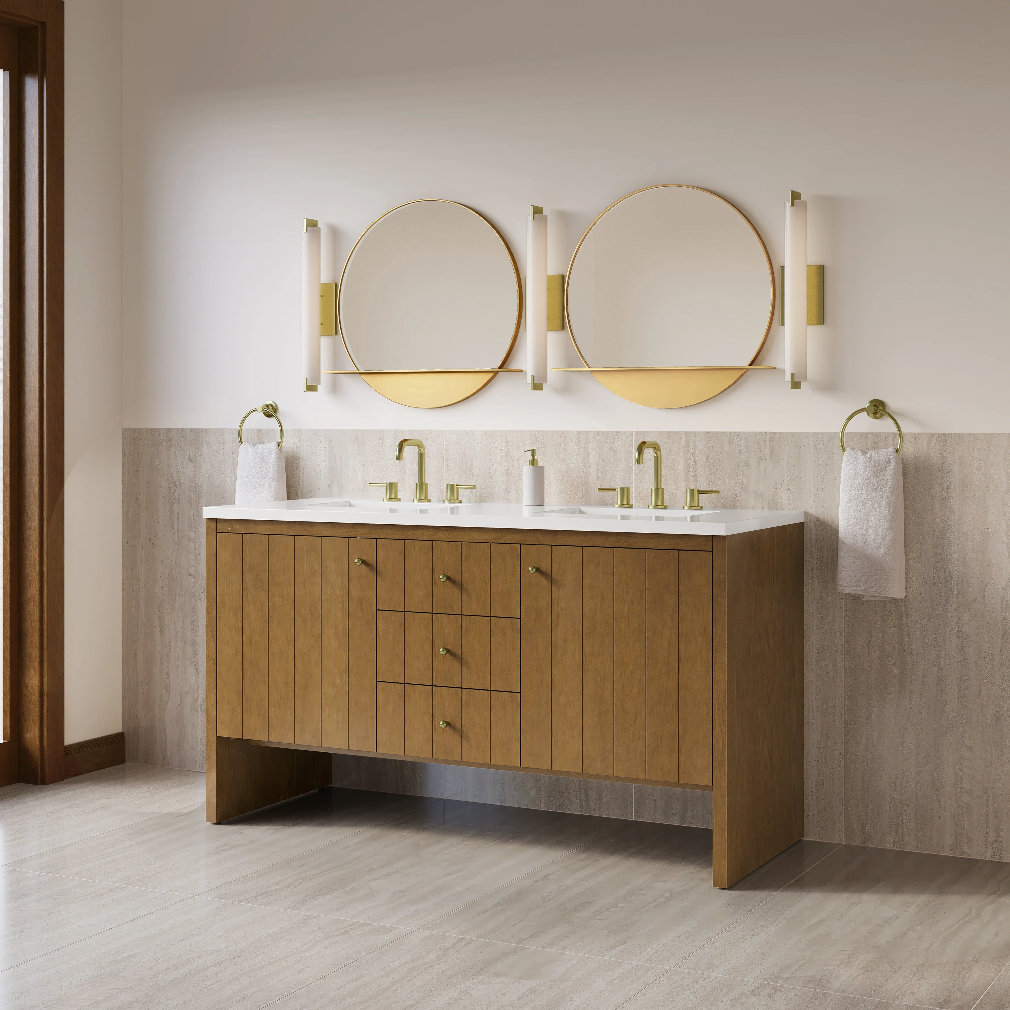 Hudson 60" Double Vanity, Honey Oak w/ 3 CM White Zeus Silestone Top