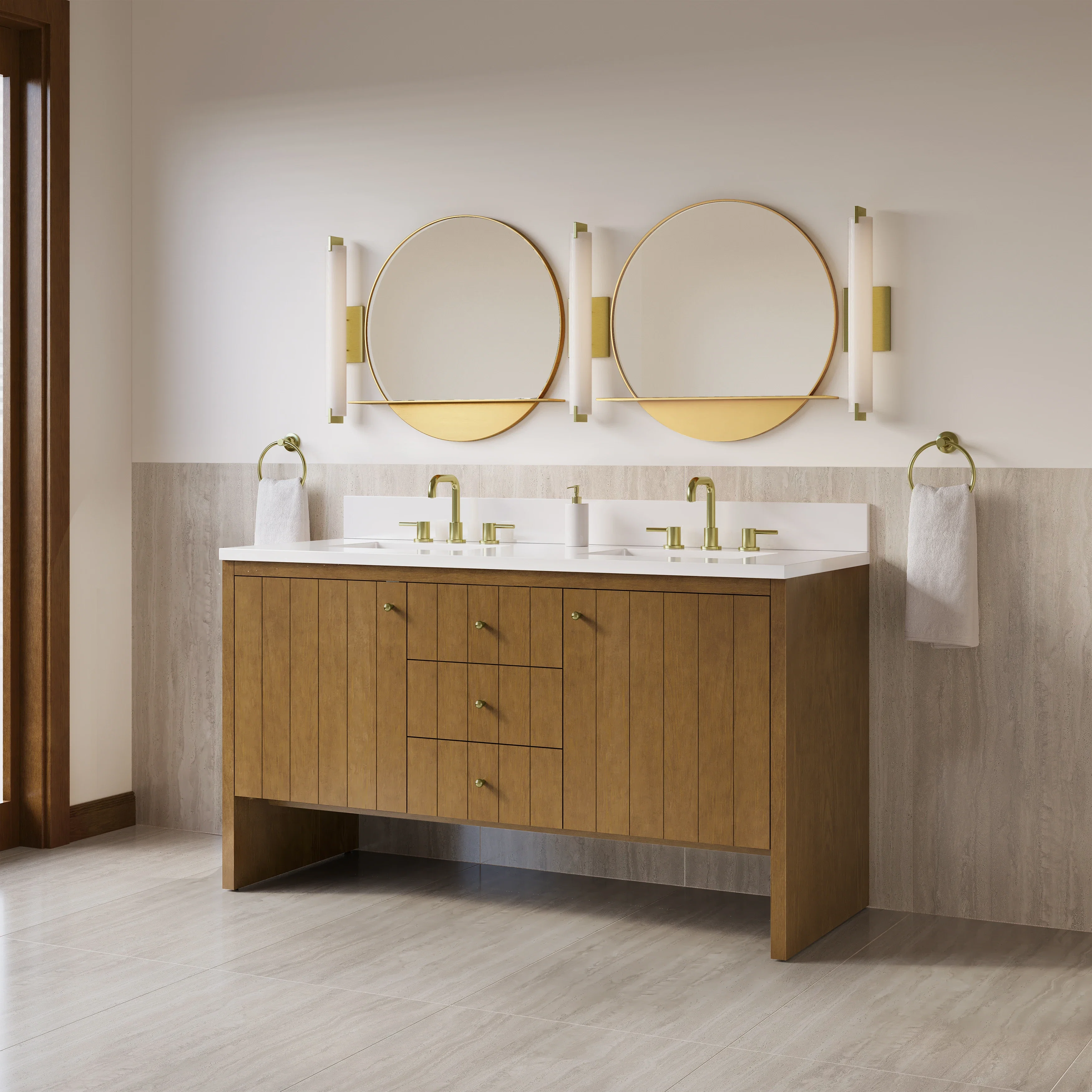 Hudson 60" Double Vanity, Honey Oak w/ 3 CM White Zeus Silestone Top