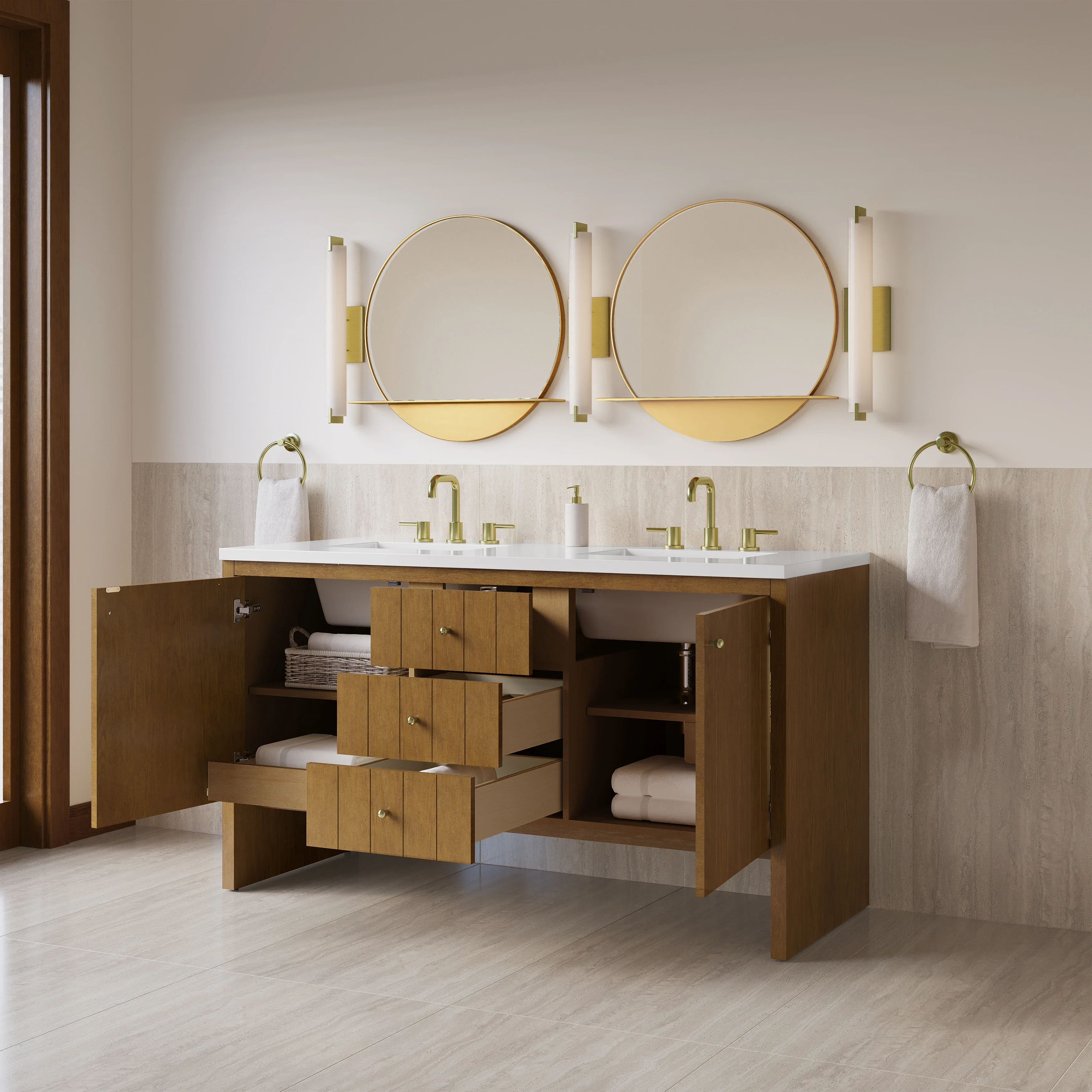 Hudson 60" Double Vanity, Honey Oak w/ 3 CM White Zeus Silestone Top