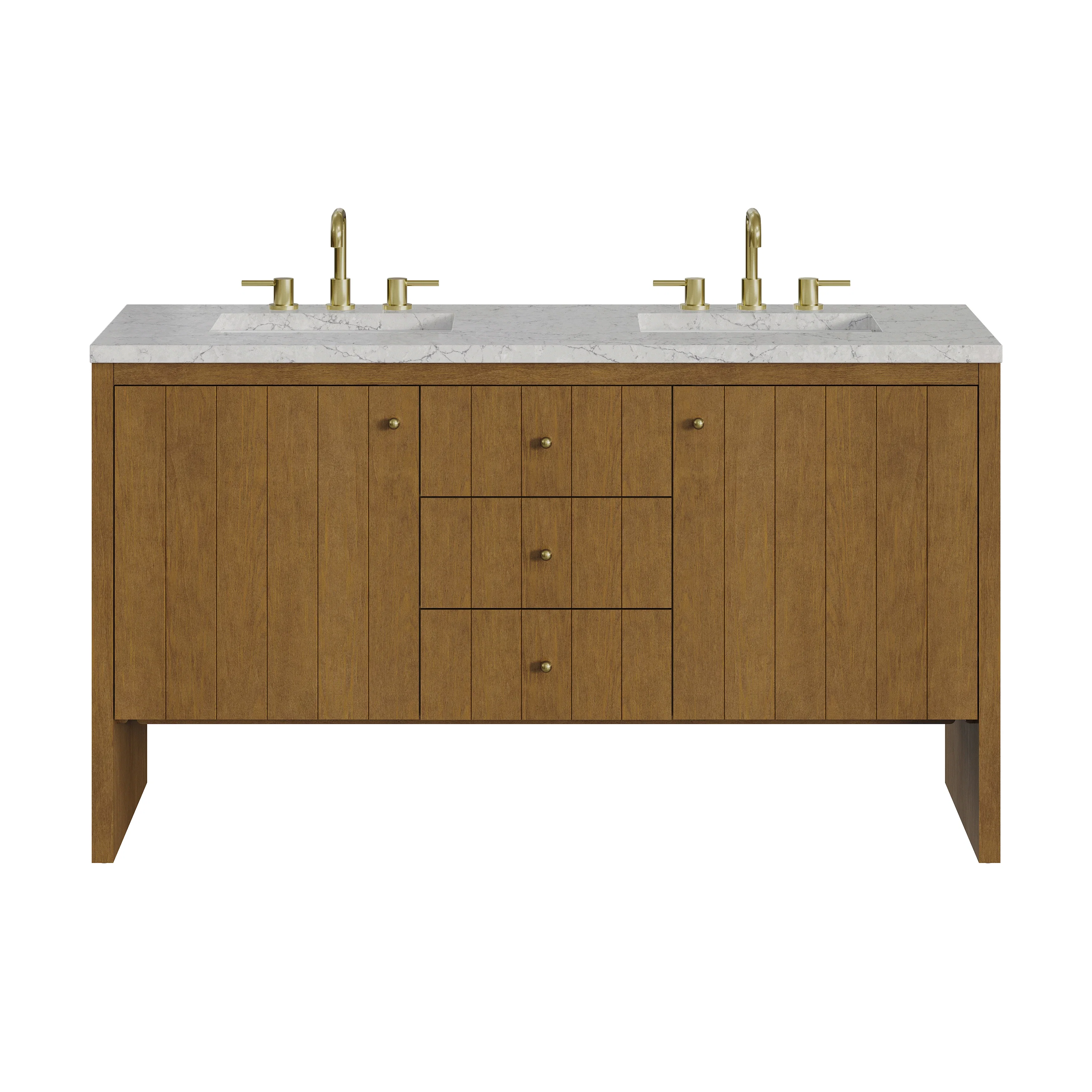Hudson 60" Double Vanity, Honey Oak w/ 3 CM Eternal Jasmine Pearl Silestone Top w/FreePower Wireless Charger
