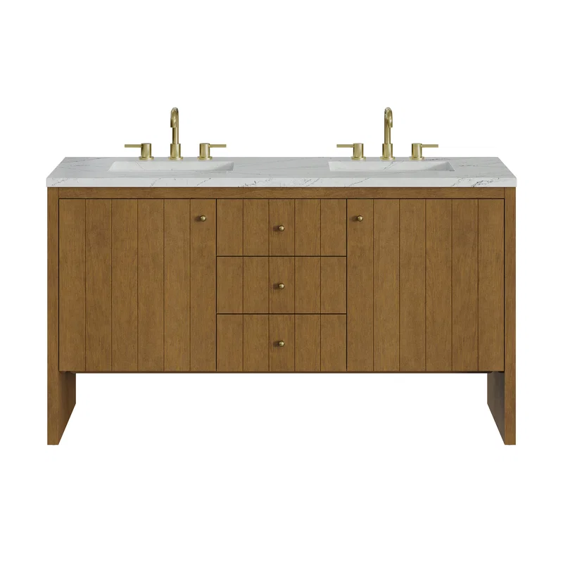 Hudson 60" Double Vanity, Honey Oak w/ 3 CM Ethereal Noctis Silestone Top w/FreePower Wireless Charger
