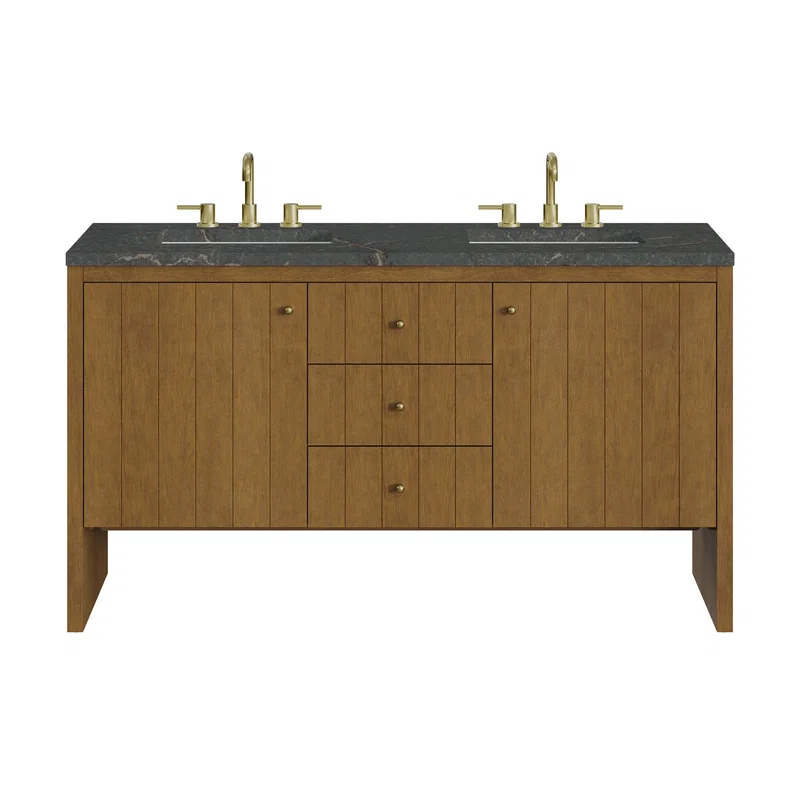 Hudson 60" Double Vanity, Honey Oak w/ 3 CM Parisien Bleu Silestone Top w/FreePower Wireless Charger