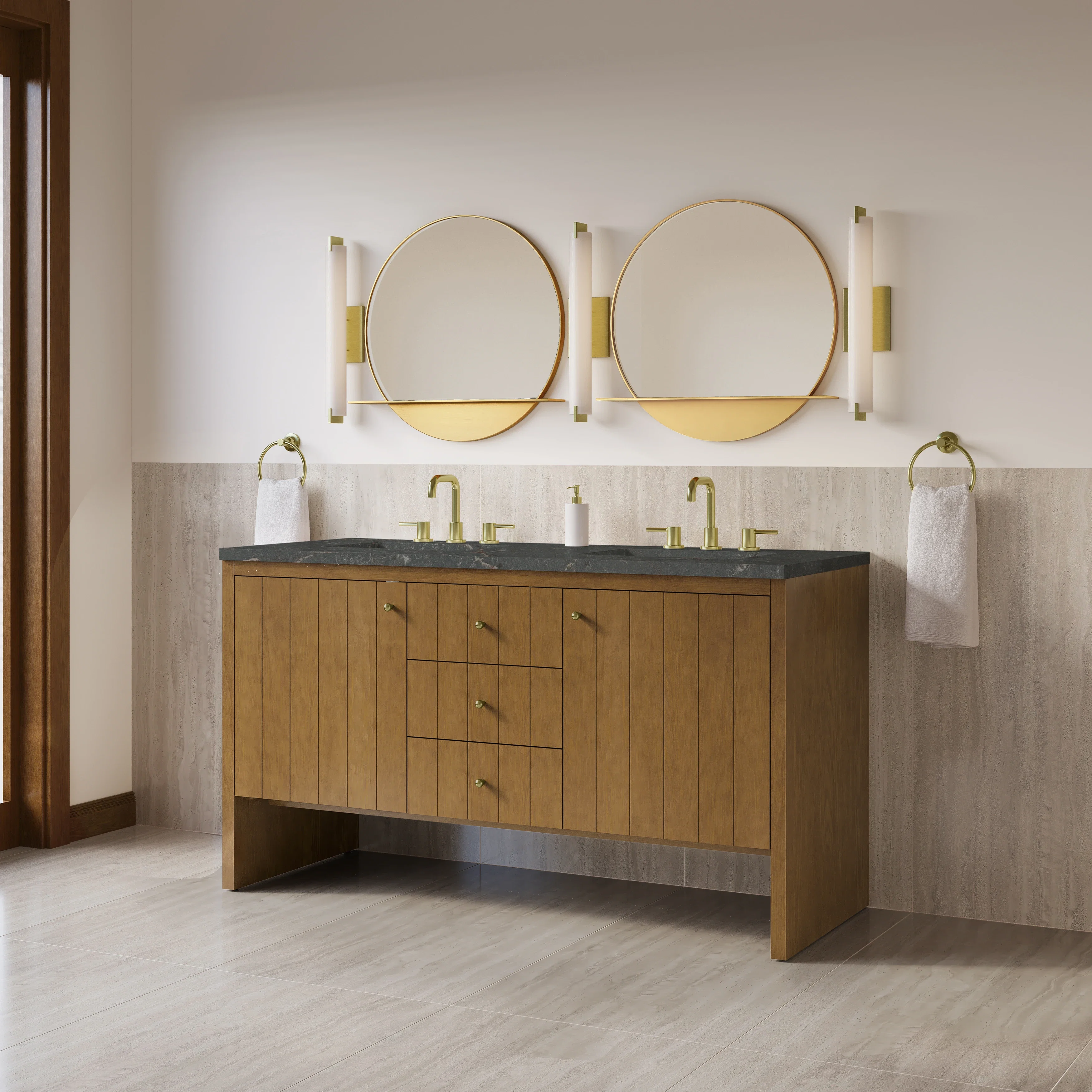 Hudson 60" Double Vanity, Honey Oak w/ 3 CM Parisien Bleu Silestone Top w/FreePower Wireless Charger