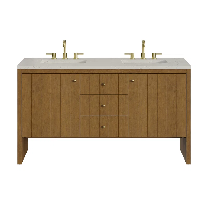 Hudson 60" Double Vanity, Honey Oak w/ 3 CM Siberian Silestone Top w/FreePower Wireless Charger