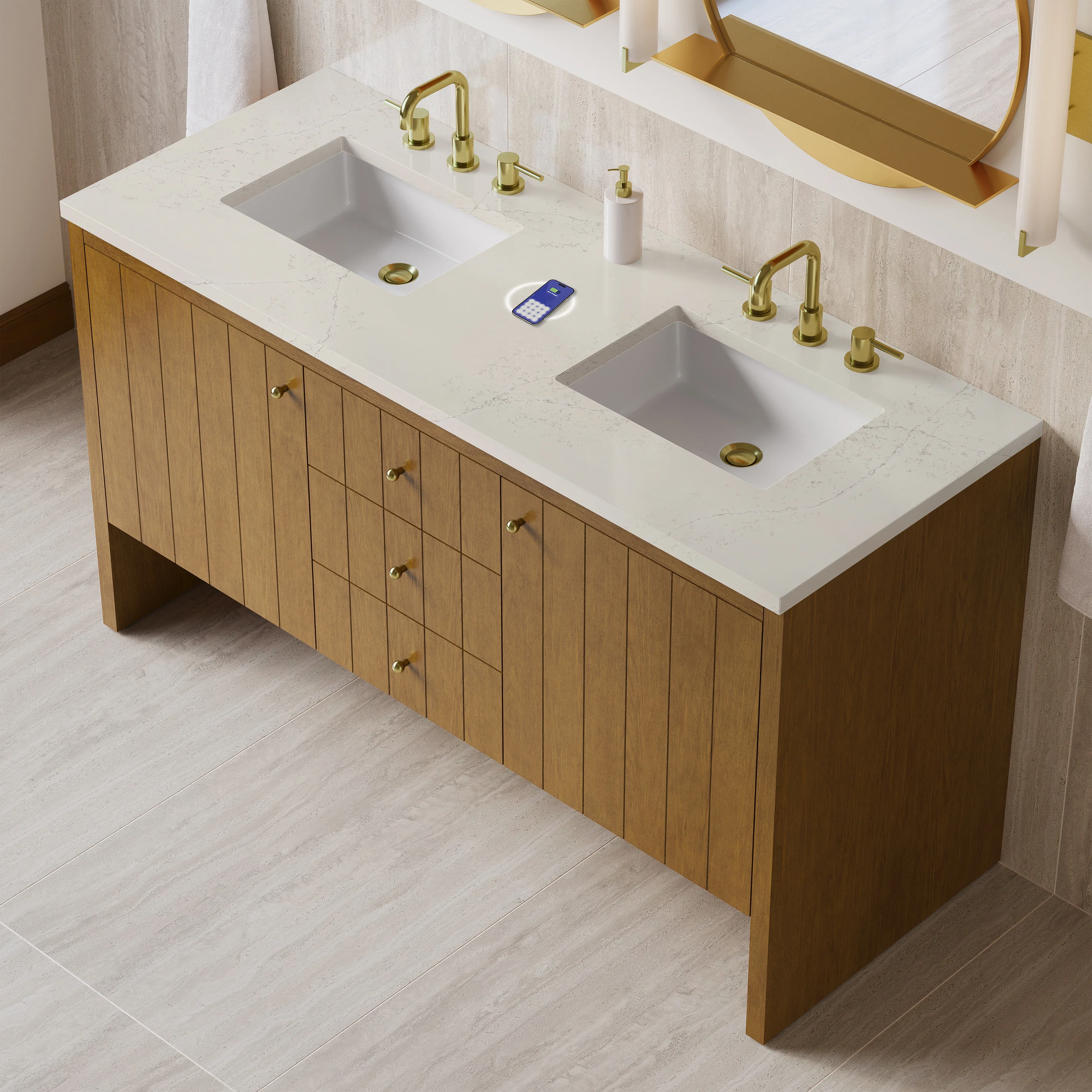 Hudson 60" Double Vanity, Honey Oak w/ 3 CM Siberian Silestone Top w/FreePower Wireless Charger