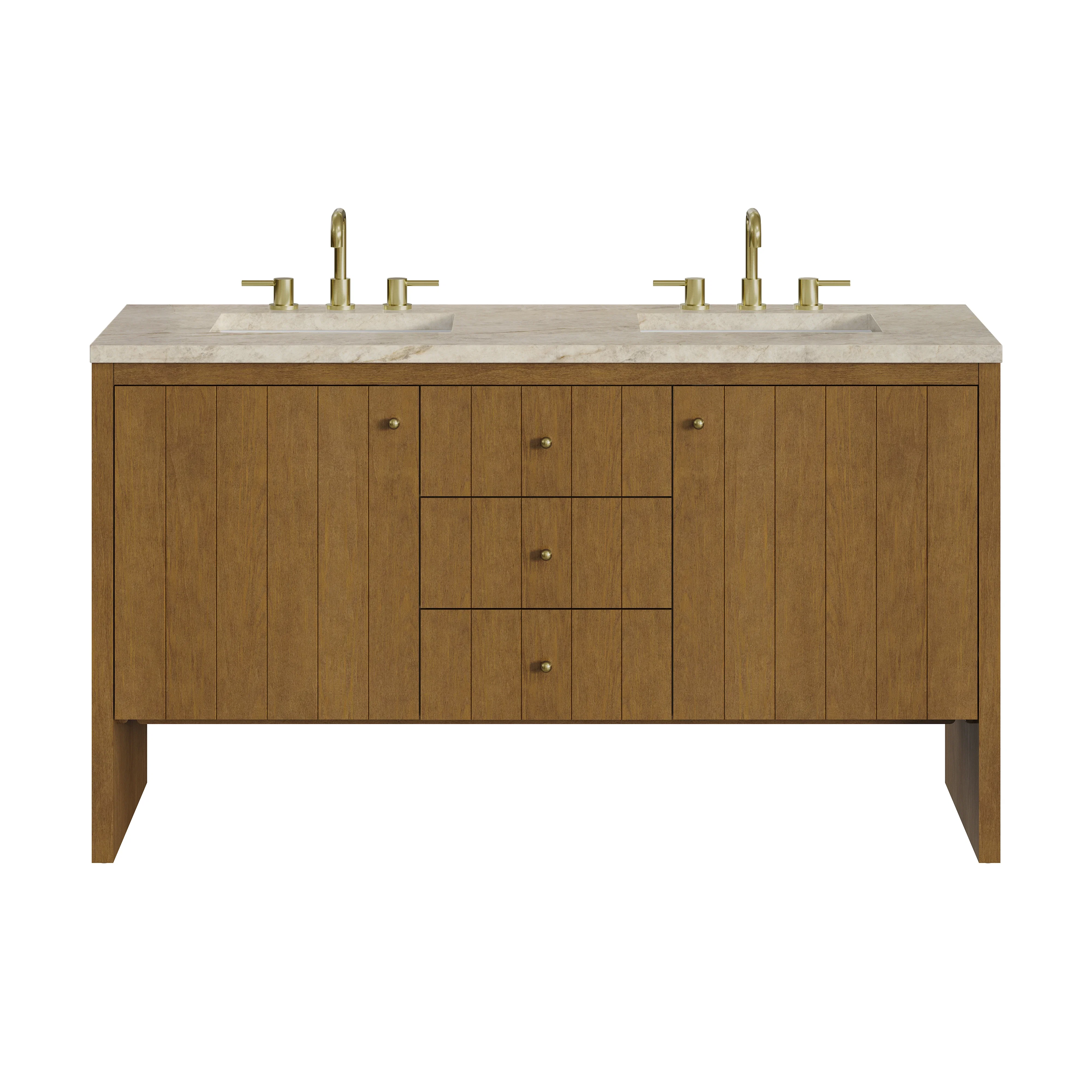 Hudson 60" Double Vanity, Honey Oak w/ 3 CM Tajnar Eclos Top w/FreePower Wireless Charger