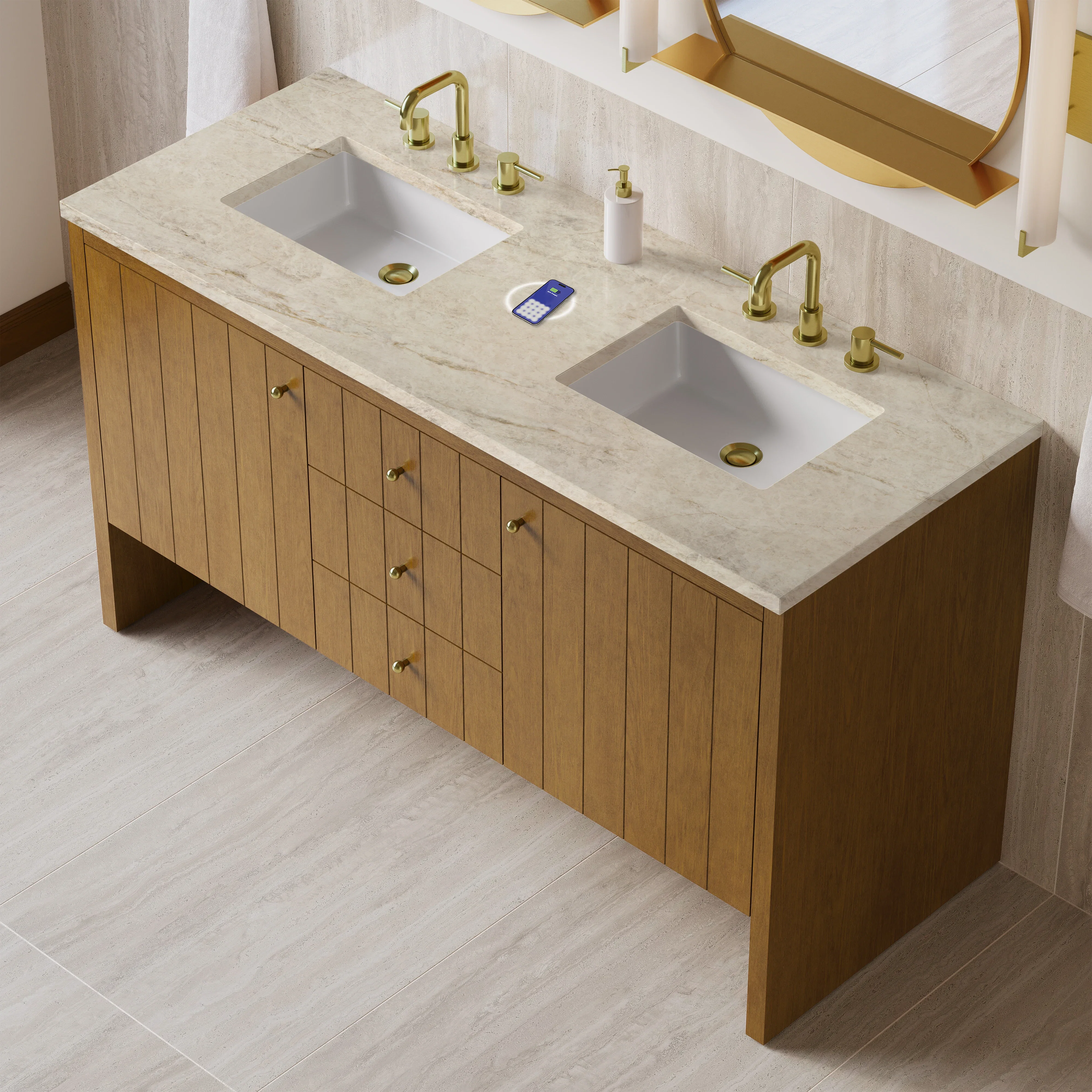 Hudson 60" Double Vanity, Honey Oak w/ 3 CM Tajnar Eclos Top w/FreePower Wireless Charger