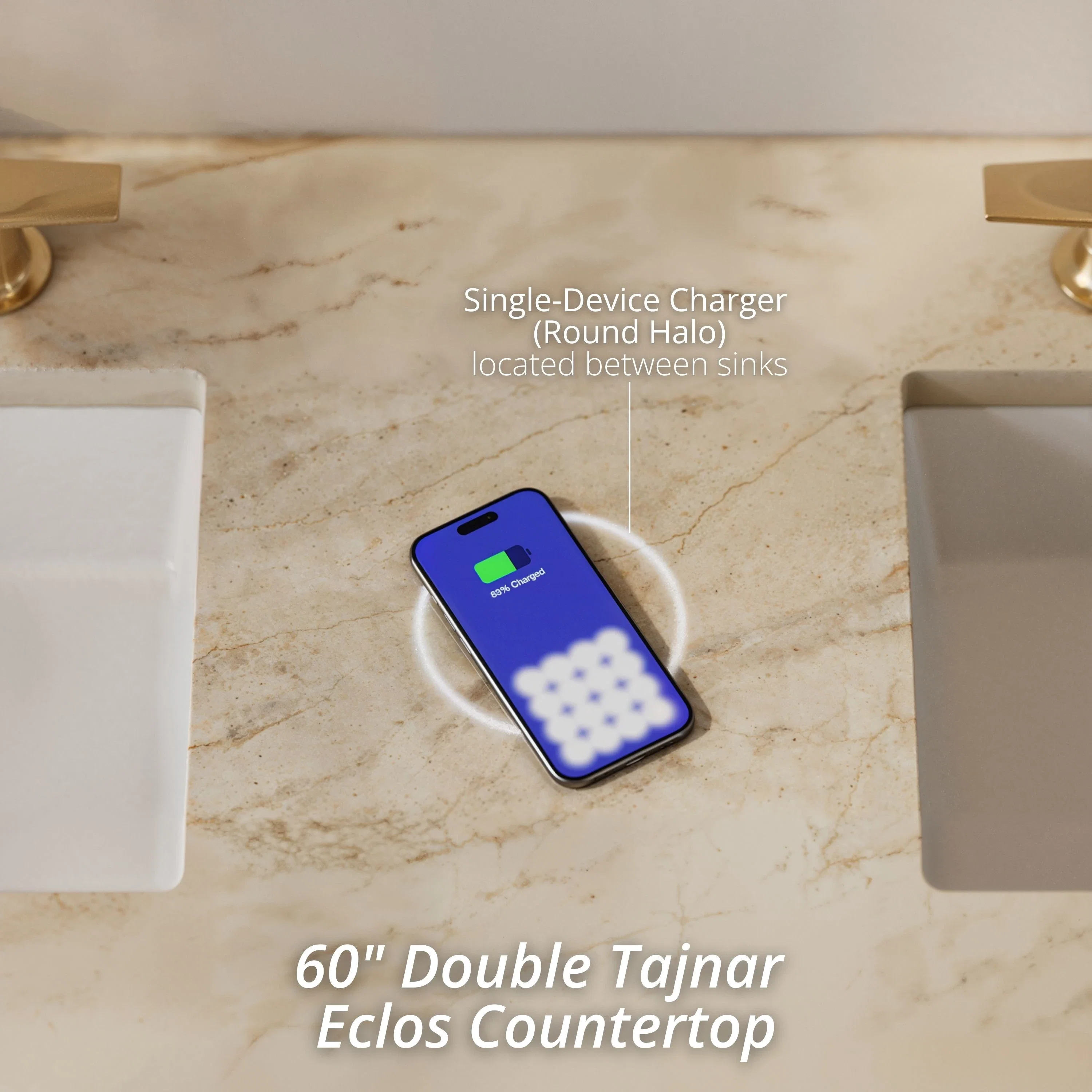 Hudson 60" Double Vanity, Honey Oak w/ 3 CM Tajnar Eclos Top w/FreePower Wireless Charger