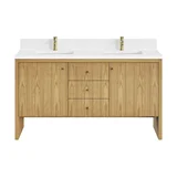 Hudson 60" Double Vanity, Light Natural Oak w/ Single Hole 3 CM White Zeus Top & Backsplash