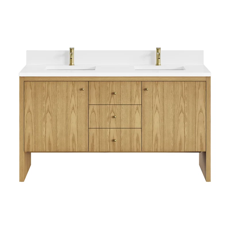 Hudson 60" Double Vanity, Light Natural Oak w/ Single Hole 3 CM White Zeus Top & Backsplash