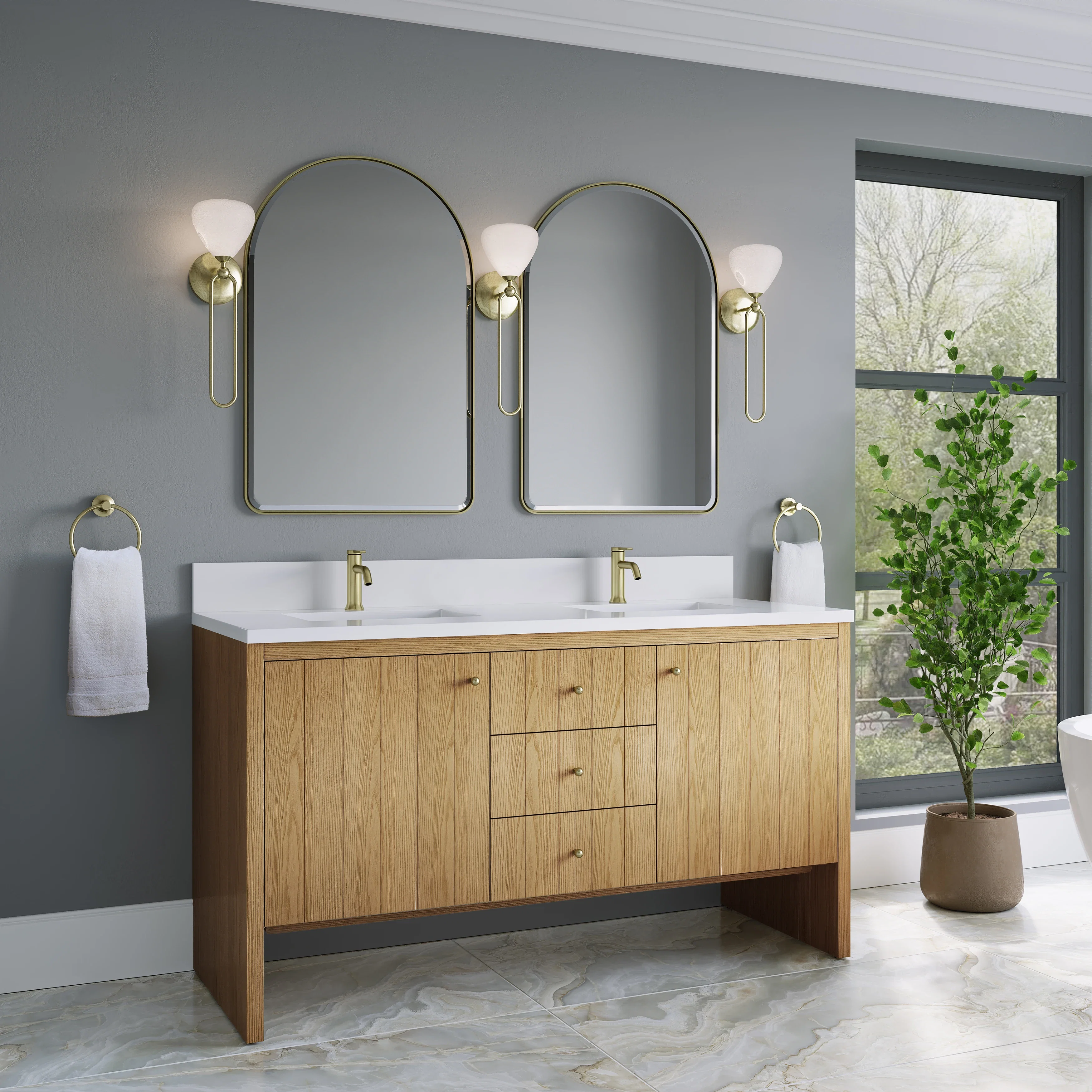 Hudson 60" Double Vanity, Light Natural Oak w/ Single Hole 3 CM White Zeus Top & Backsplash