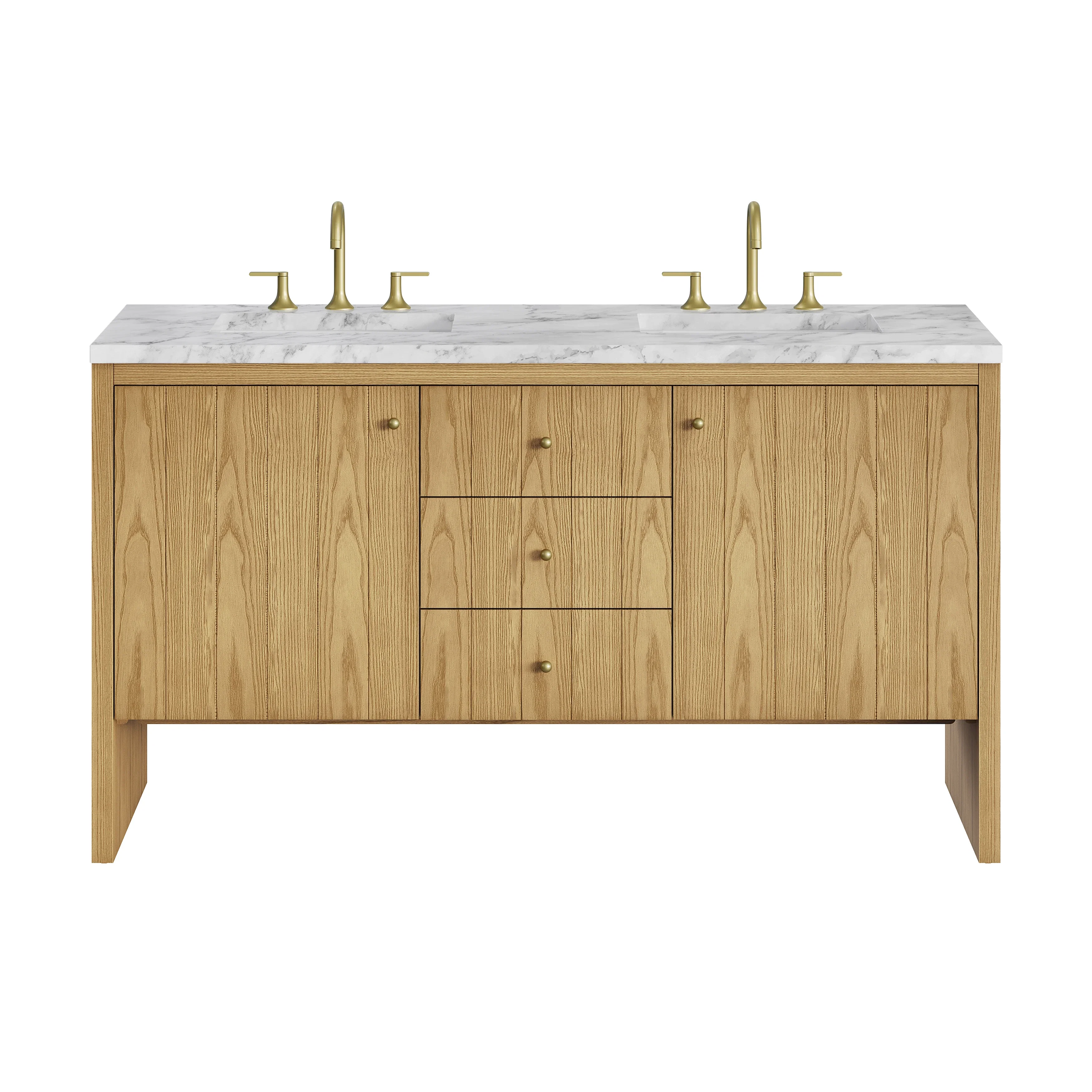 Hudson 60" Double Vanity, Light Natural Oak w/ 3 CM Carrara Marble Top