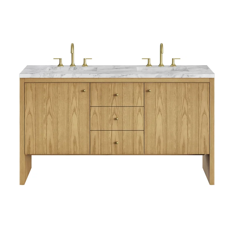 Hudson 60" Double Vanity, Light Natural Oak w/ 3 CM Carrara Marble Top