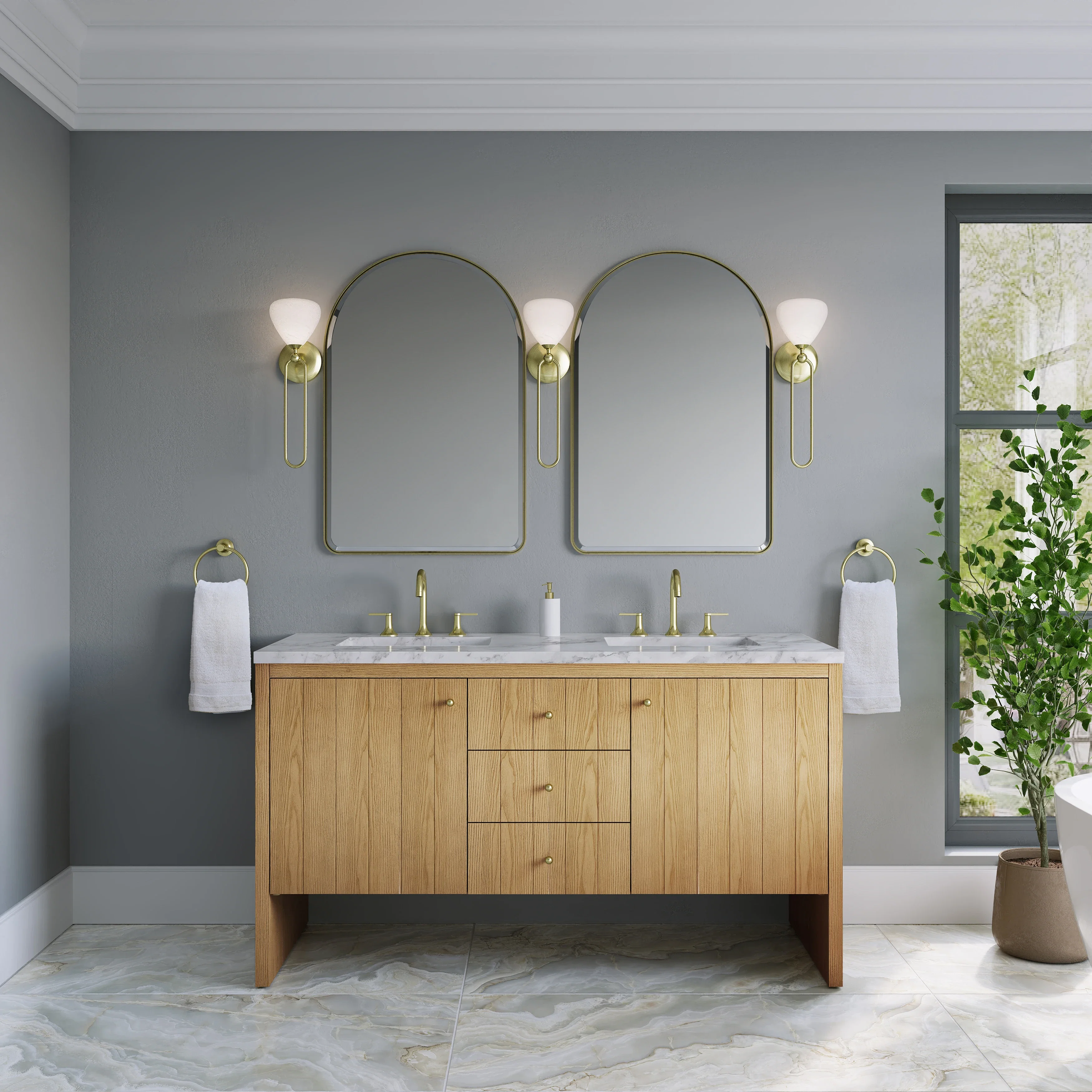 Hudson 60" Double Vanity, Light Natural Oak w/ 3 CM Carrara Marble Top