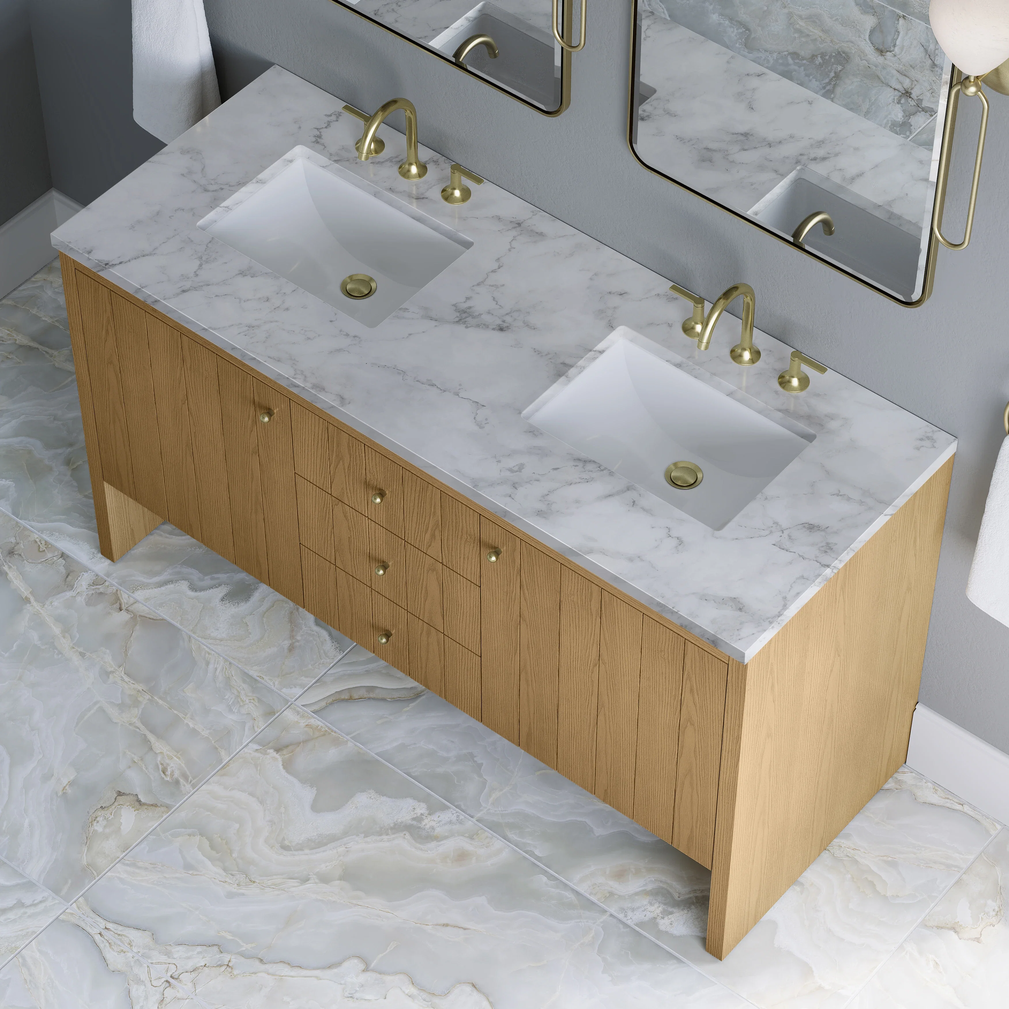 Hudson 60" Double Vanity, Light Natural Oak w/ 3 CM Carrara Marble Top