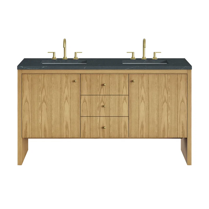 Hudson 60" Double Vanity, Light Natural Oak w/ 3 CM Charcoal Soapstone Top