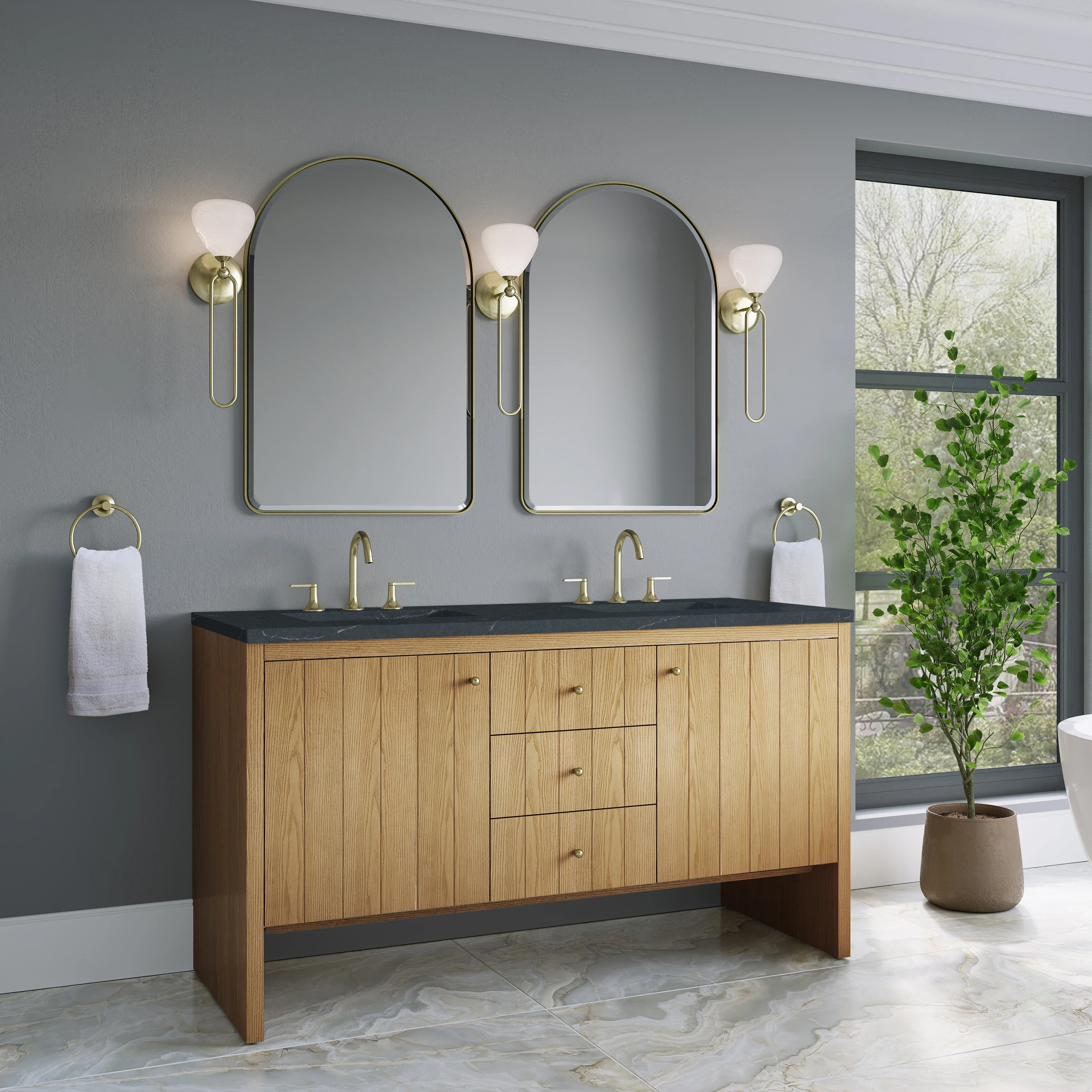 Hudson 60" Double Vanity, Light Natural Oak w/ 3 CM Charcoal Soapstone Top