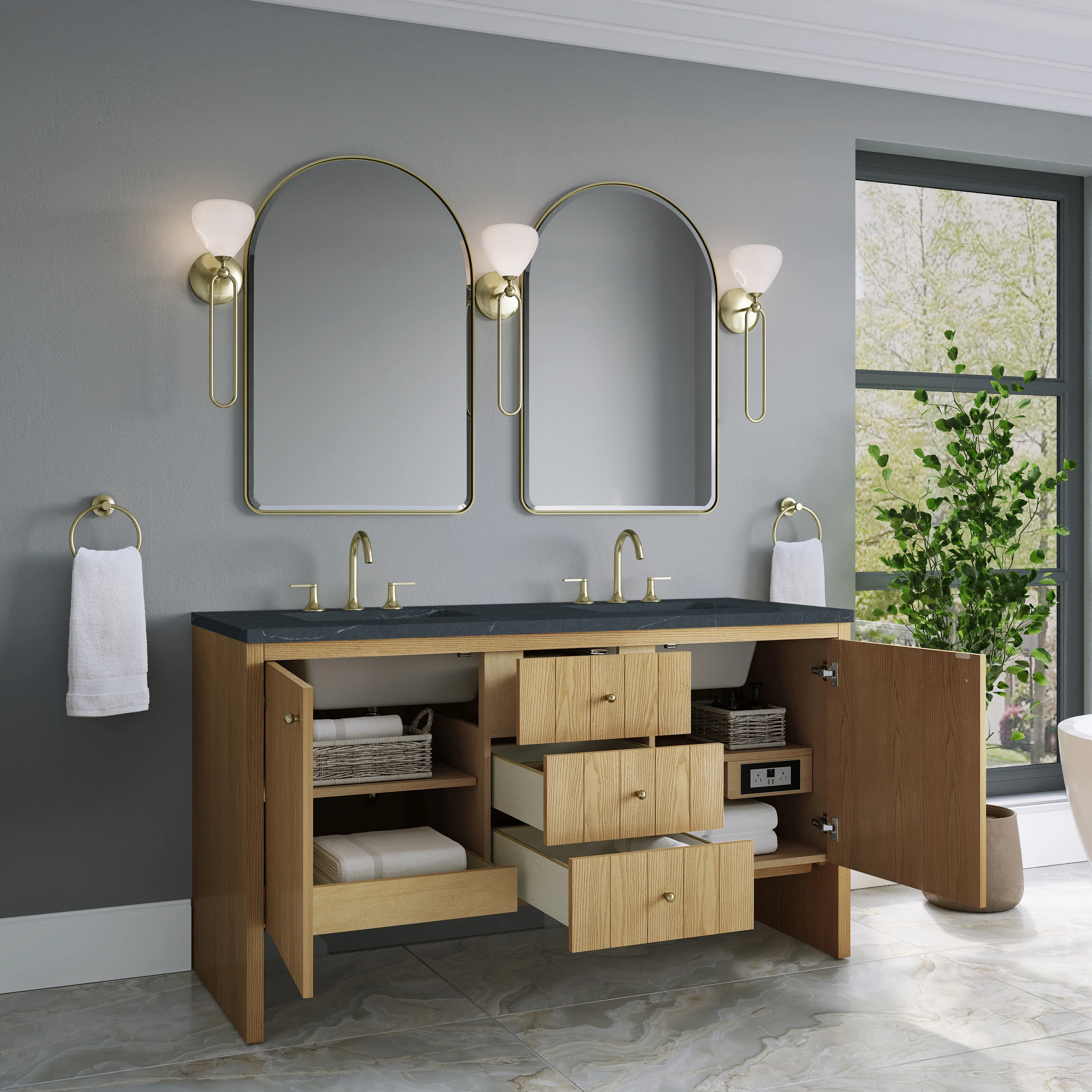 Hudson 60" Double Vanity, Light Natural Oak w/ 3 CM Charcoal Soapstone Top