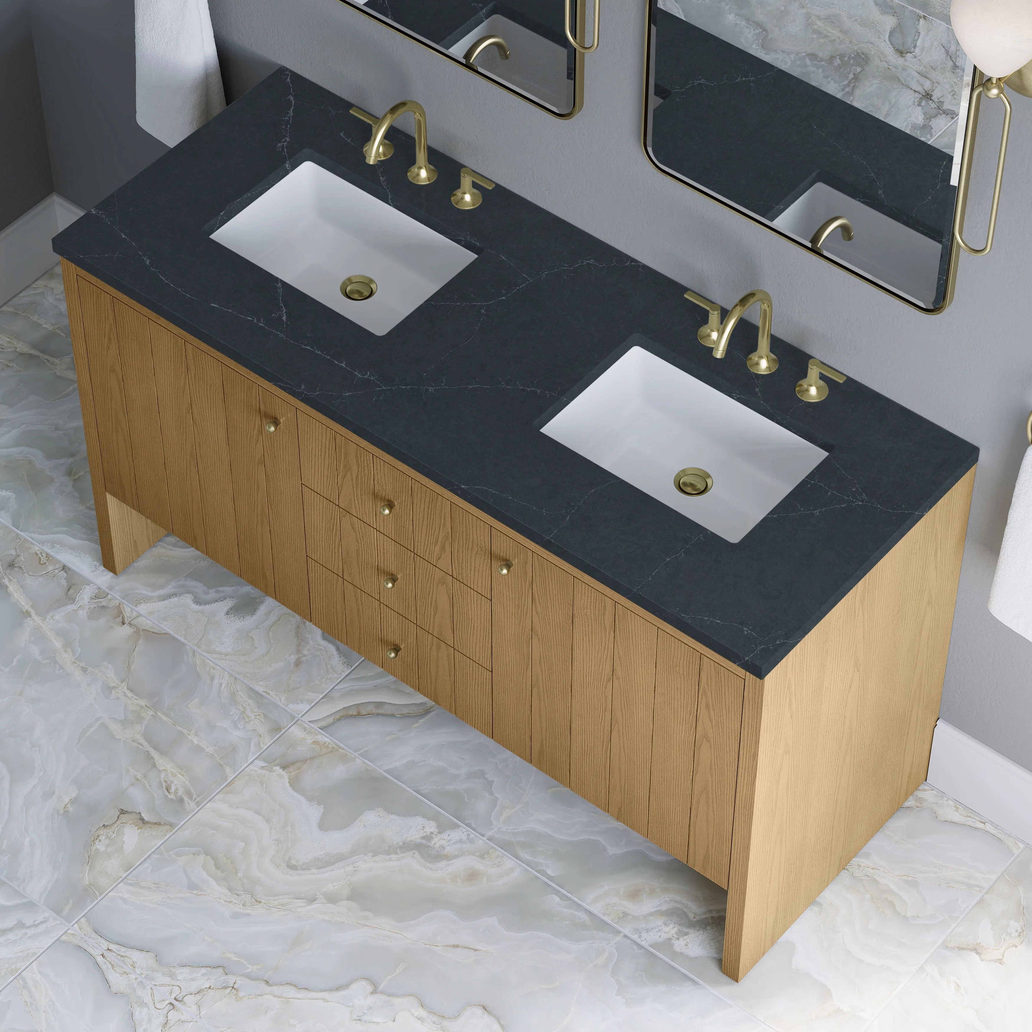 Hudson 60" Double Vanity, Light Natural Oak w/ 3 CM Charcoal Soapstone Top
