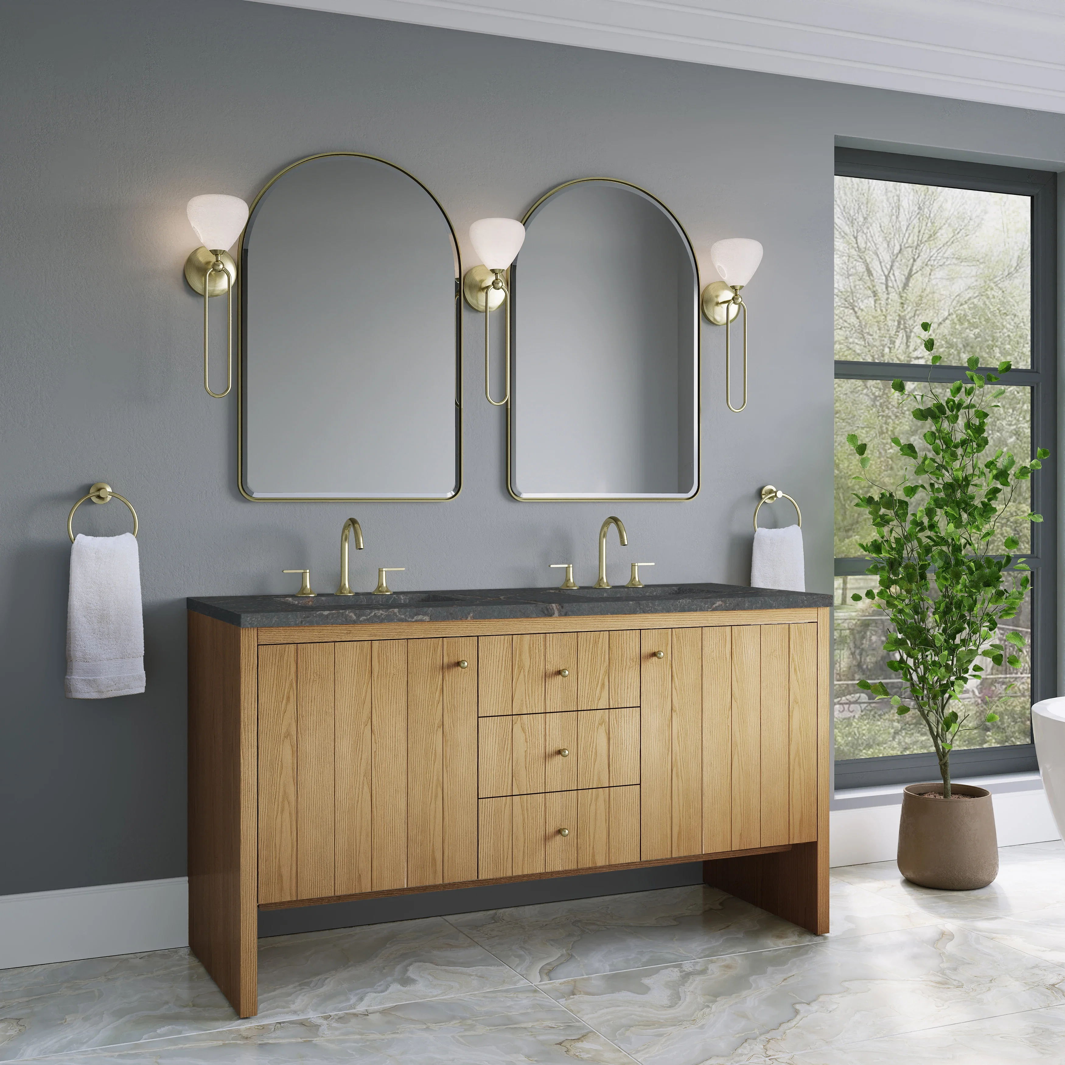 Hudson 60" Double Vanity, Light Natural Oak w/ 3 CM Parisien Bleu Top