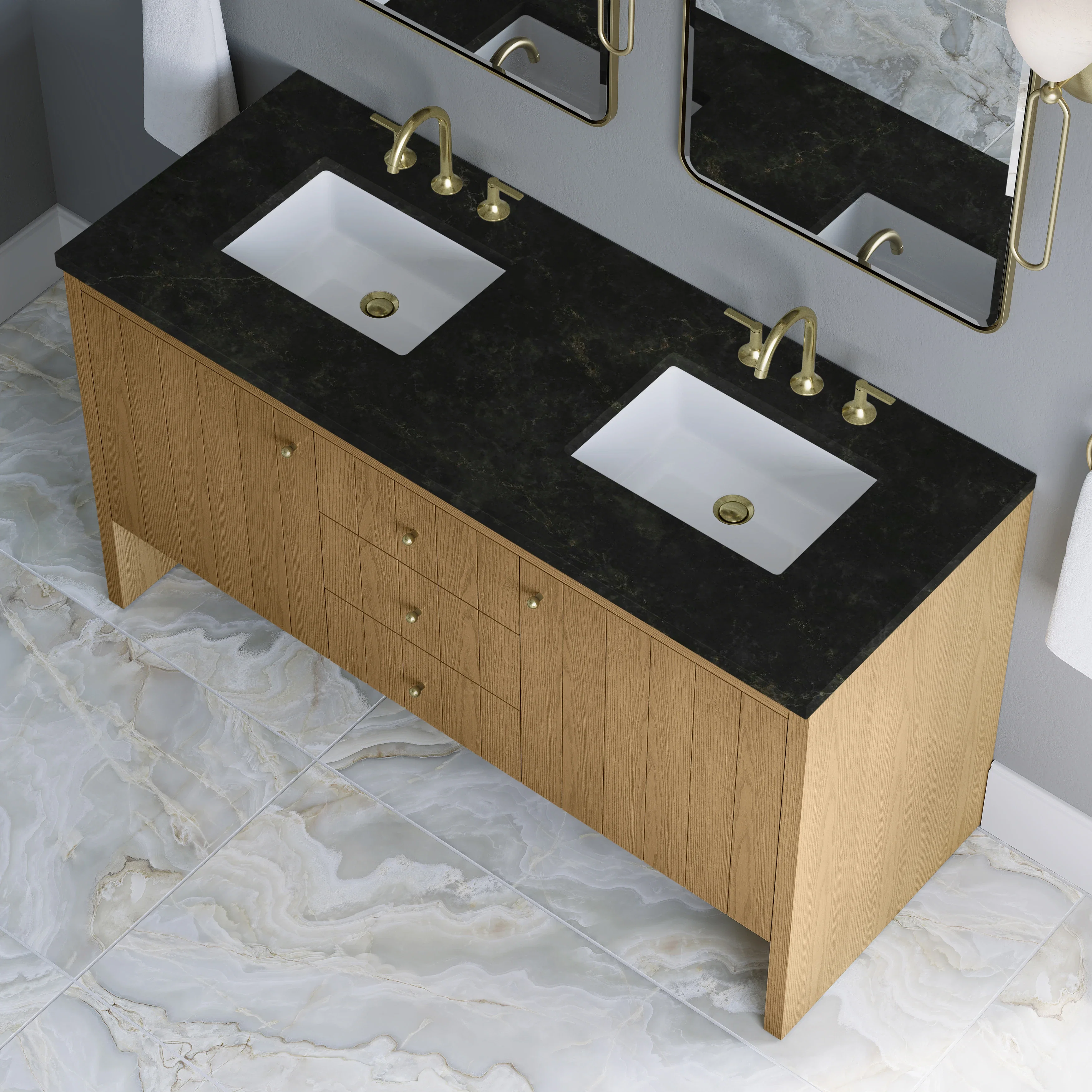 Hudson 60" Double Vanity, Light Natural Oak, w/ 3 CM Phantome Eclos Top