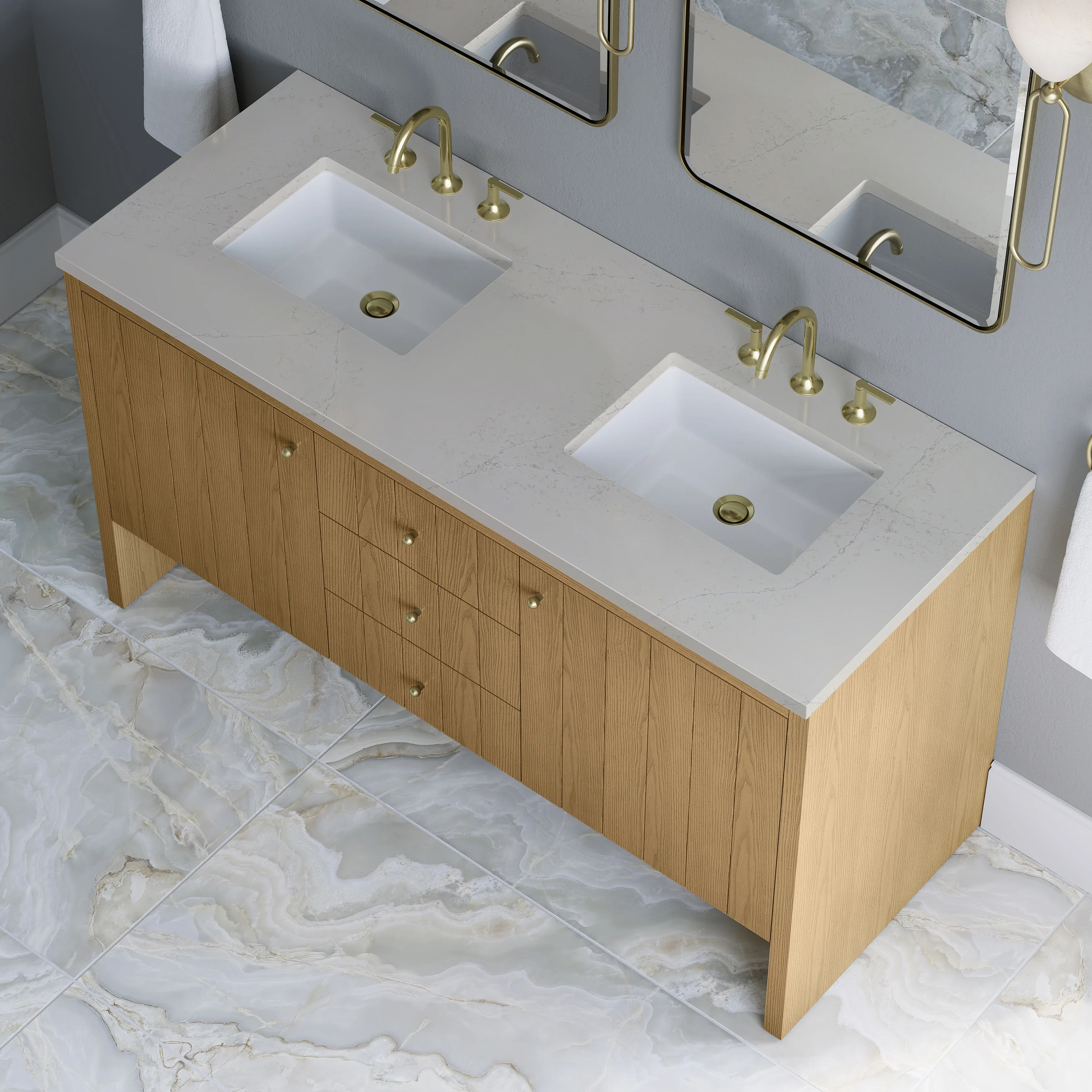 Hudson 60" Double Vanity, Light Natural Oak, w/ 3 CM Siberian Silestone Top